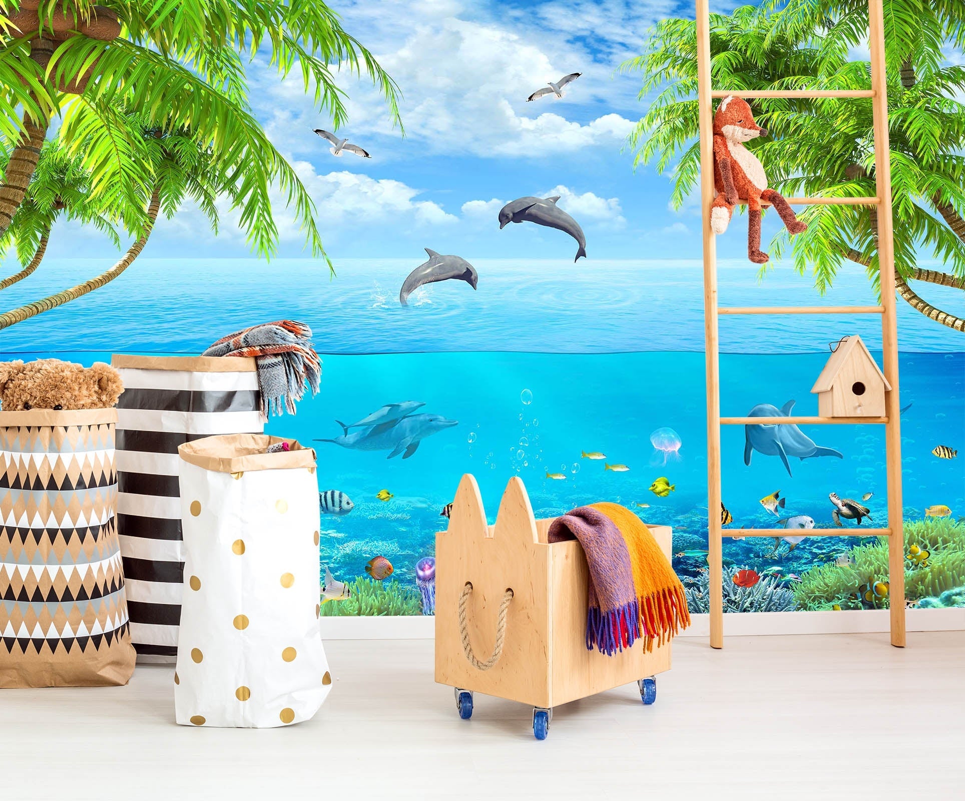 3D Dolphin Coral 015 Wall Murals Wallpaper AJ Wallpaper 2