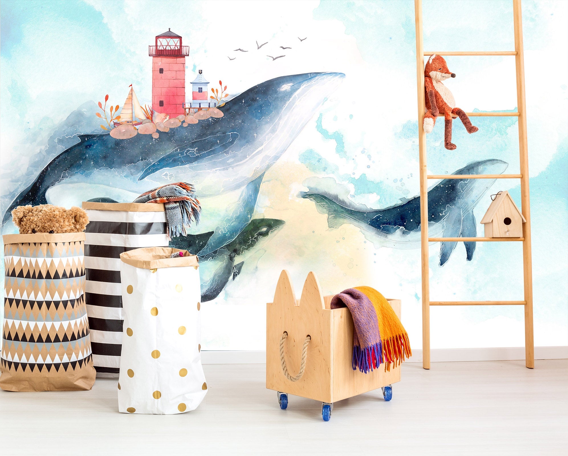 3D Lighthouse Whale 022 Wall Murals Wallpaper AJ Wallpaper 2