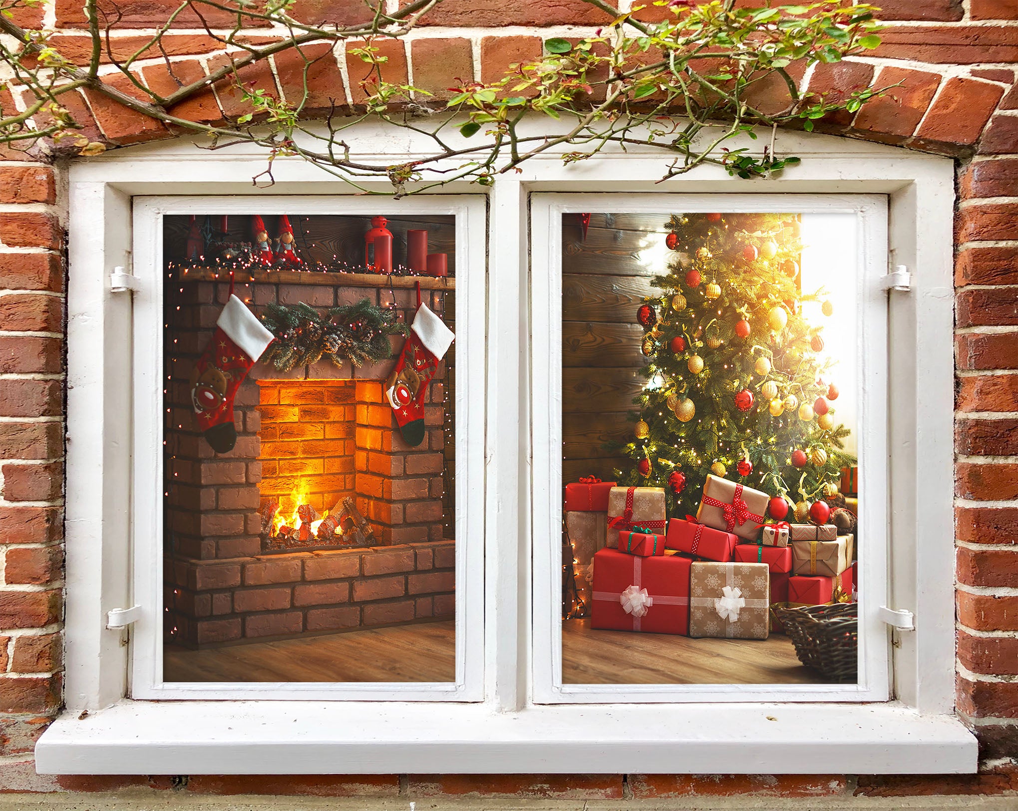 3D Fireplace Gift 31056 Christmas Window Film Print Sticker Cling Stained Glass Xmas