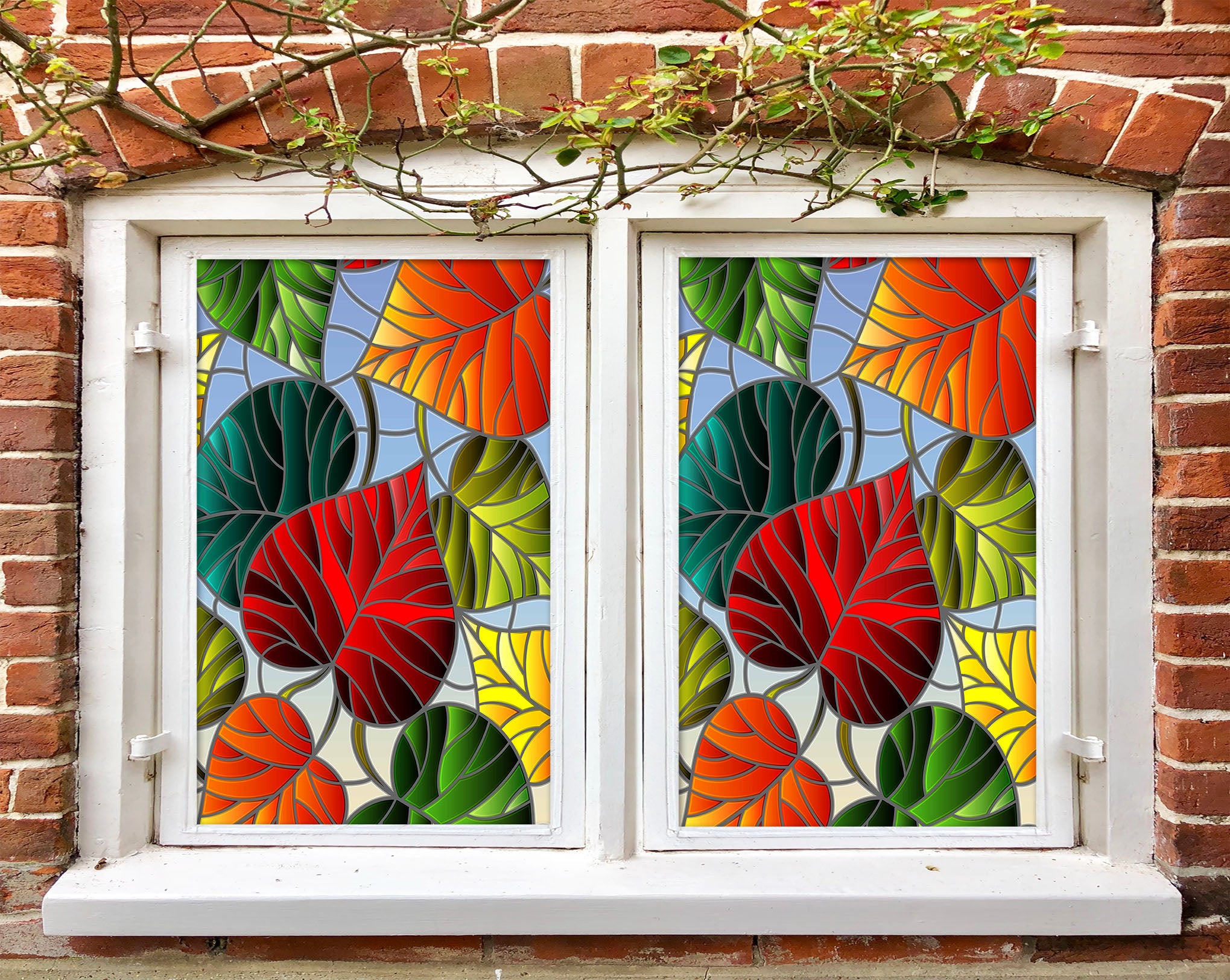 3D Colored Leaves 425 Window Film Print Sticker Cling Stained Glass UV Block