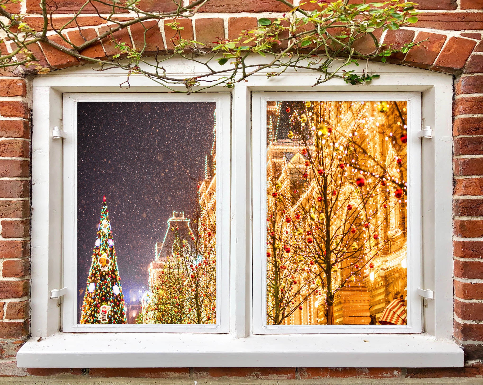 3D Light Building 30080 Christmas Window Film Print Sticker Cling Stained Glass Xmas