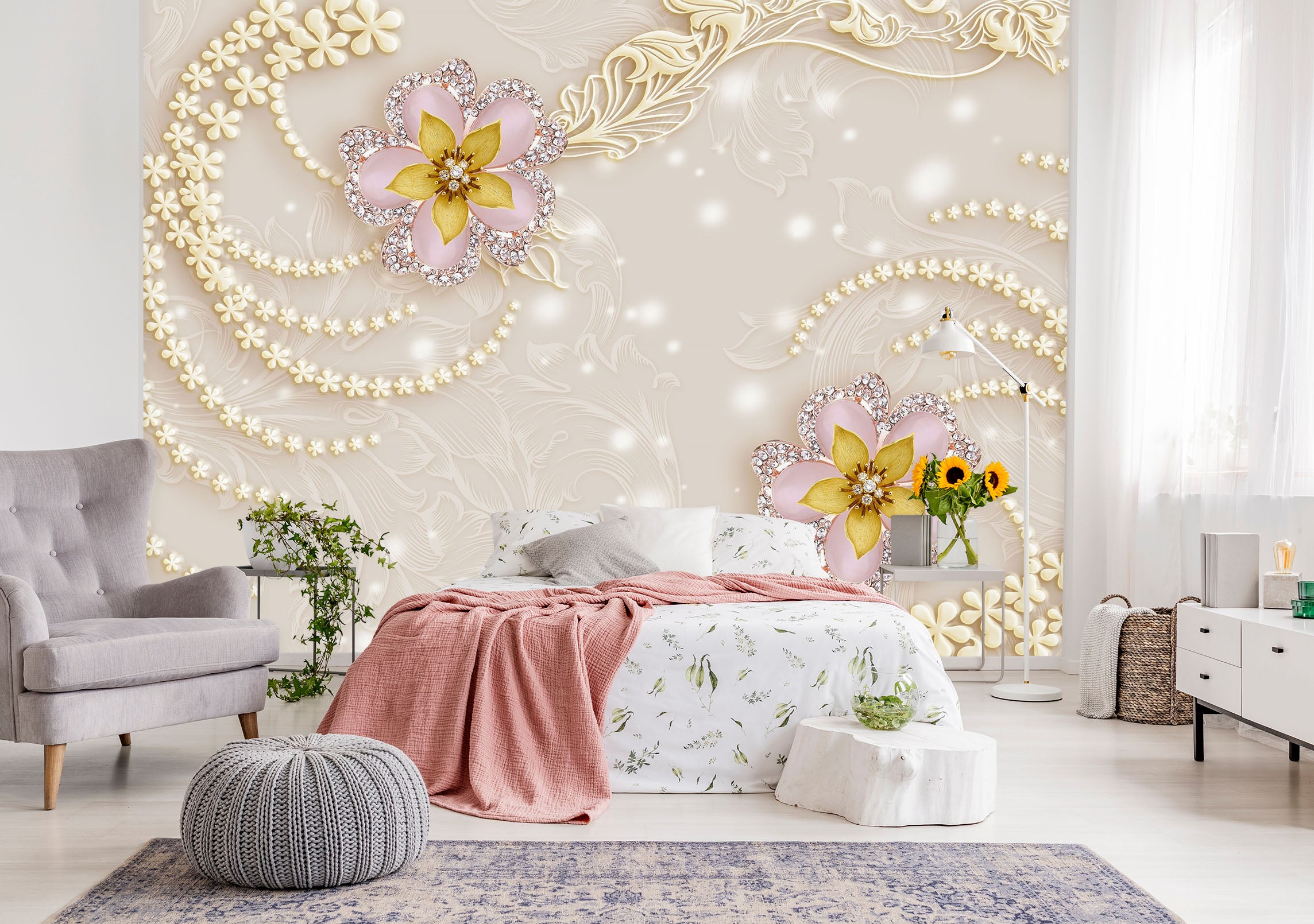 3D Pearl Flower 1477 Wall Murals