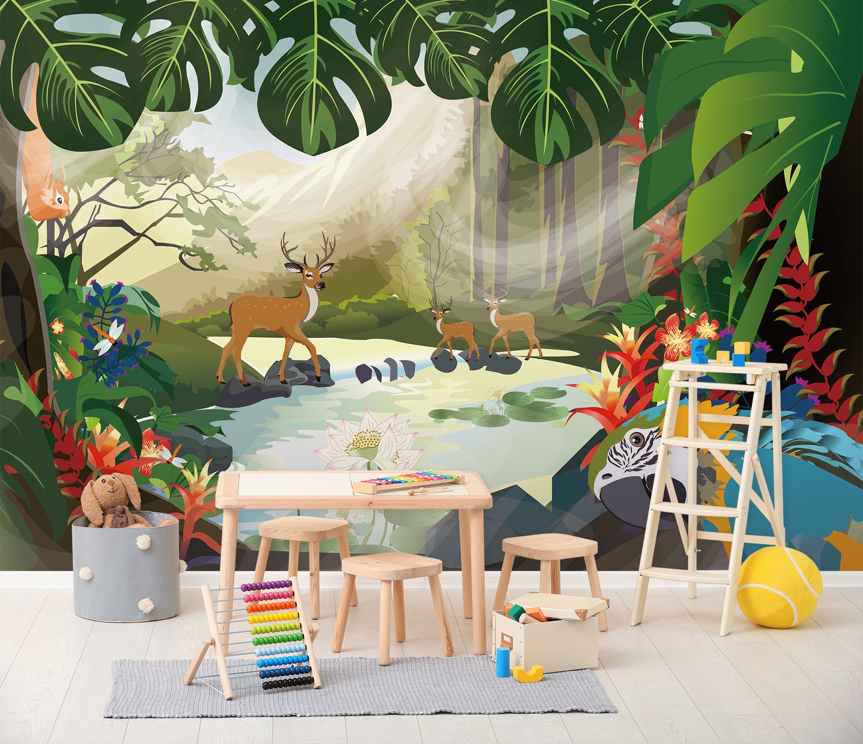 3D Cartoon Deer Parrot 266 Wall Murals