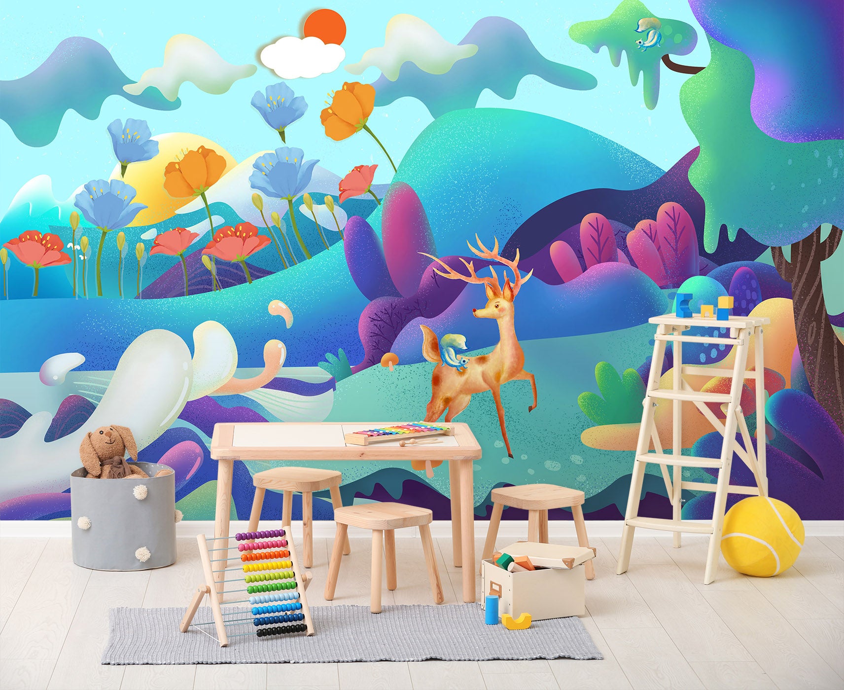 3D Squirrel Deer Flower 273 Wall Murals