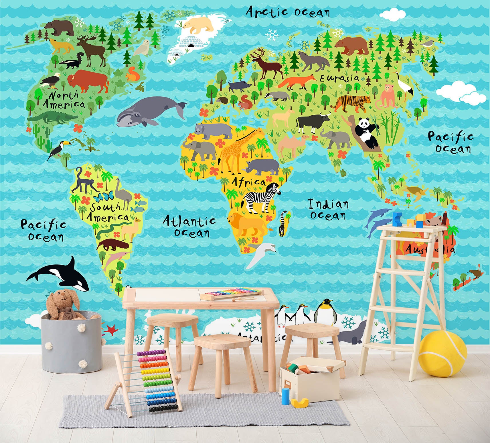 3D Animal Oasis 2046 World Map Wall Murals