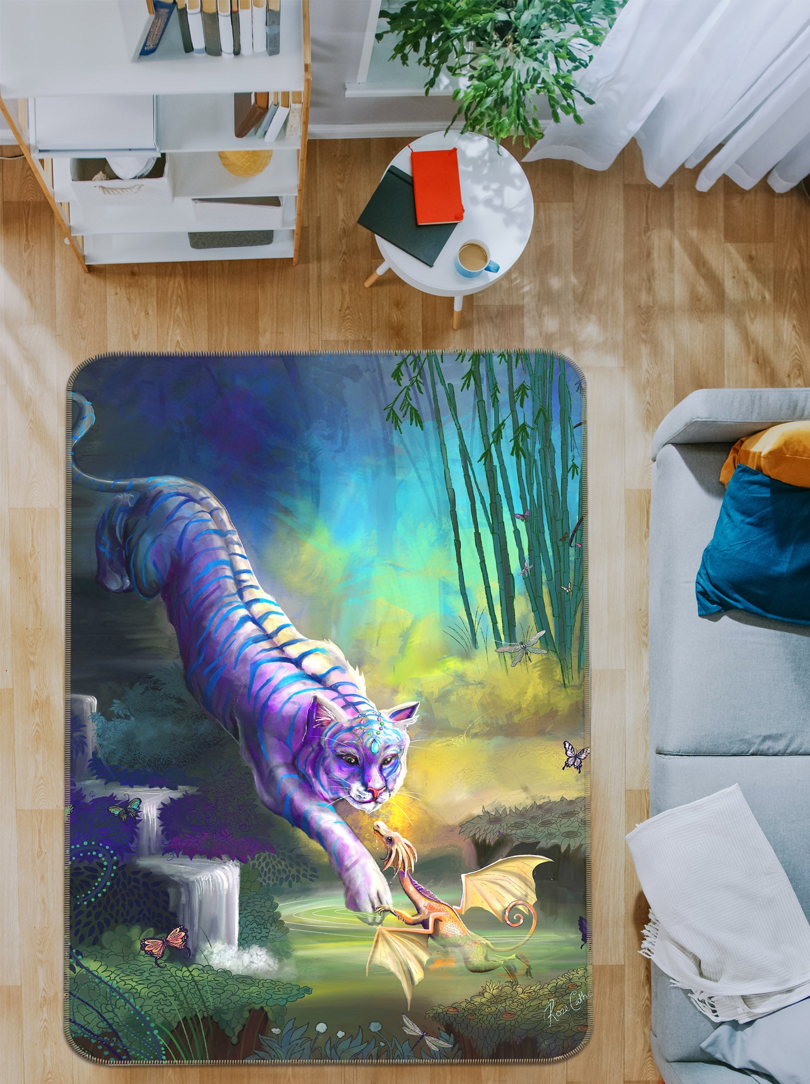 3D White Tiger 3033 Rose Catherine Khan Rug Non Slip Rug Mat