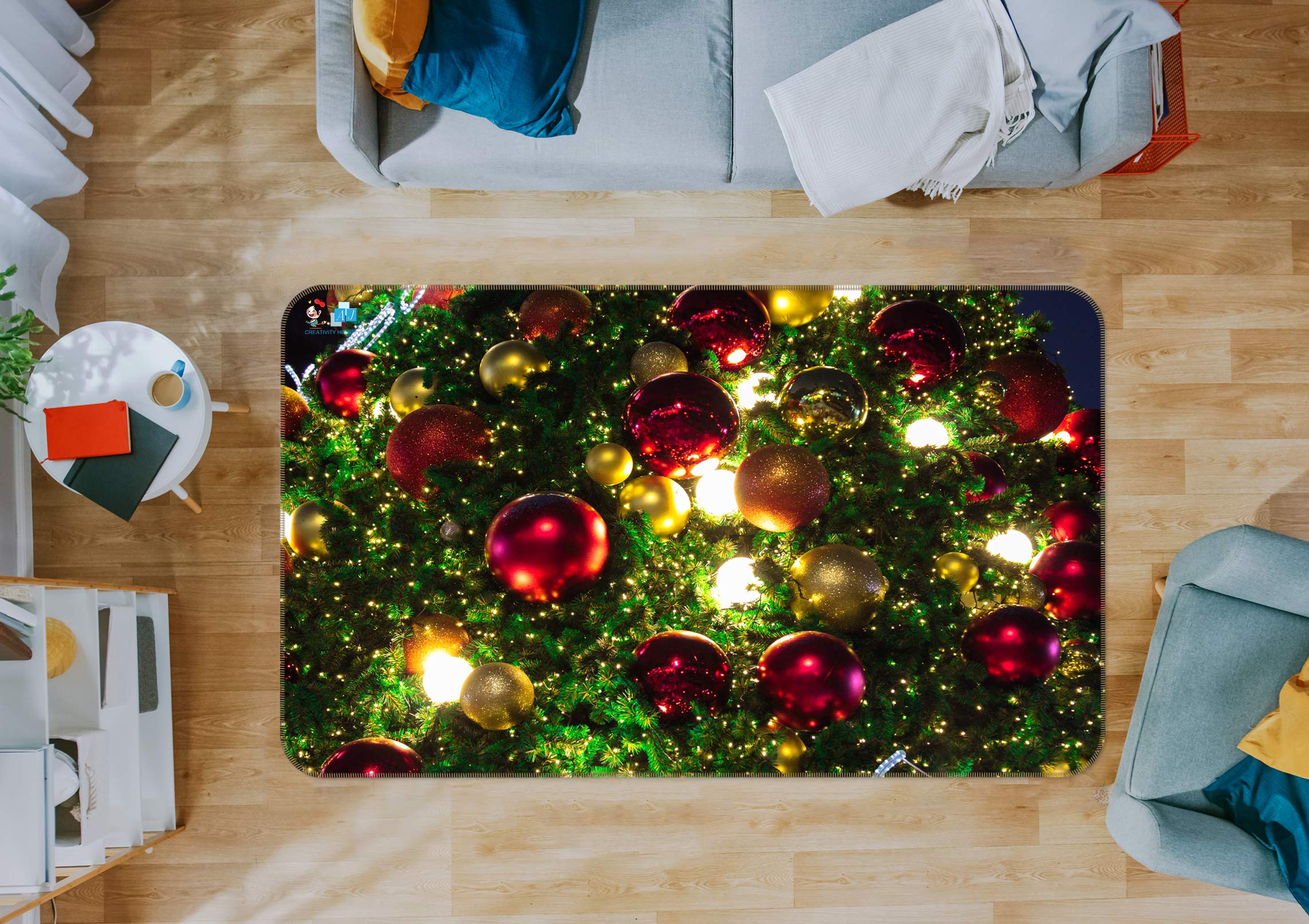 3D Red Ball Light Tree 56142 Christmas Non Slip Rug Mat Xmas