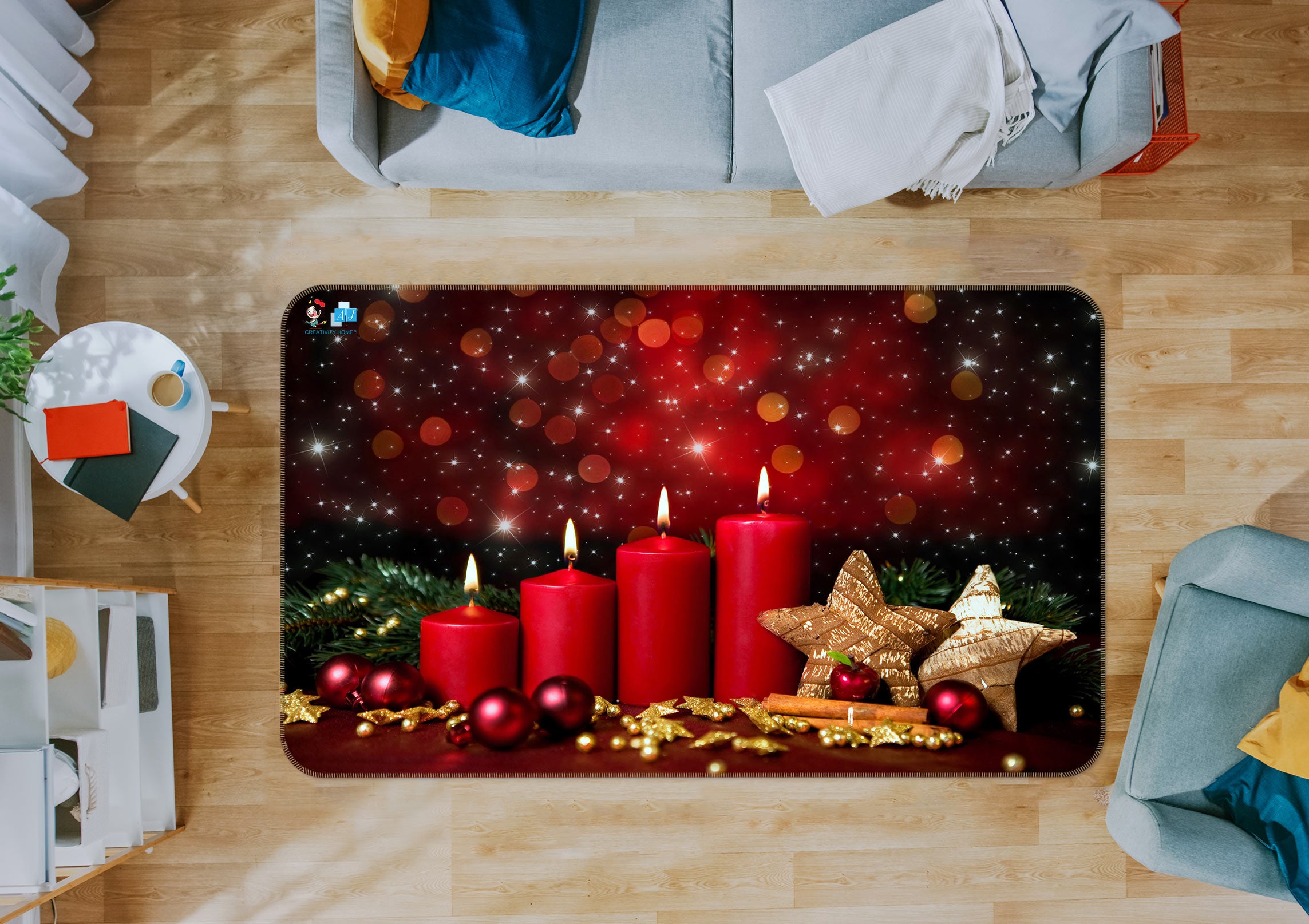 3D Red Candle Yellow Star 56101 Christmas Non Slip Rug Mat Xmas