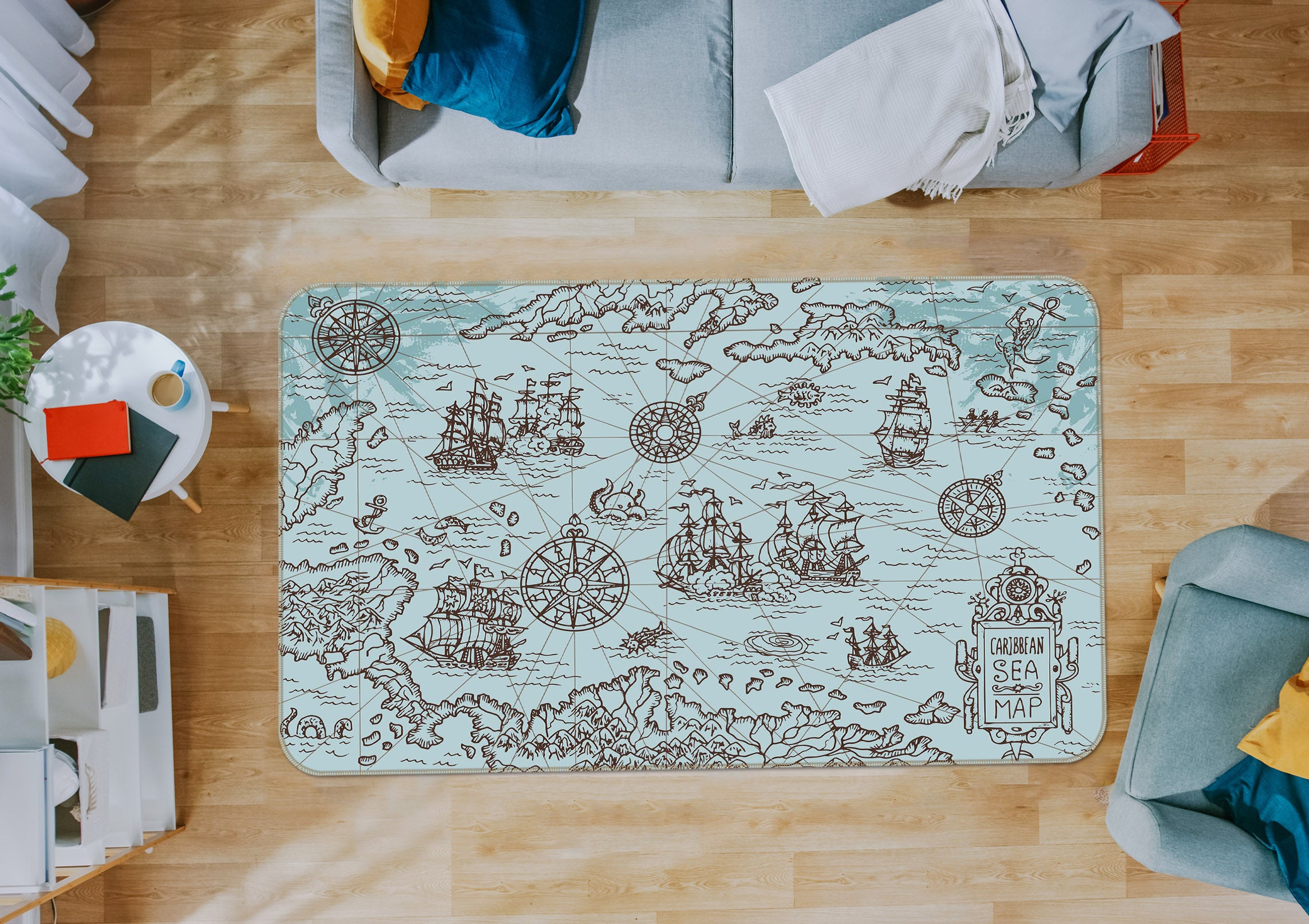 3D Sketch Boat 287 World Map Non Slip Rug Mat