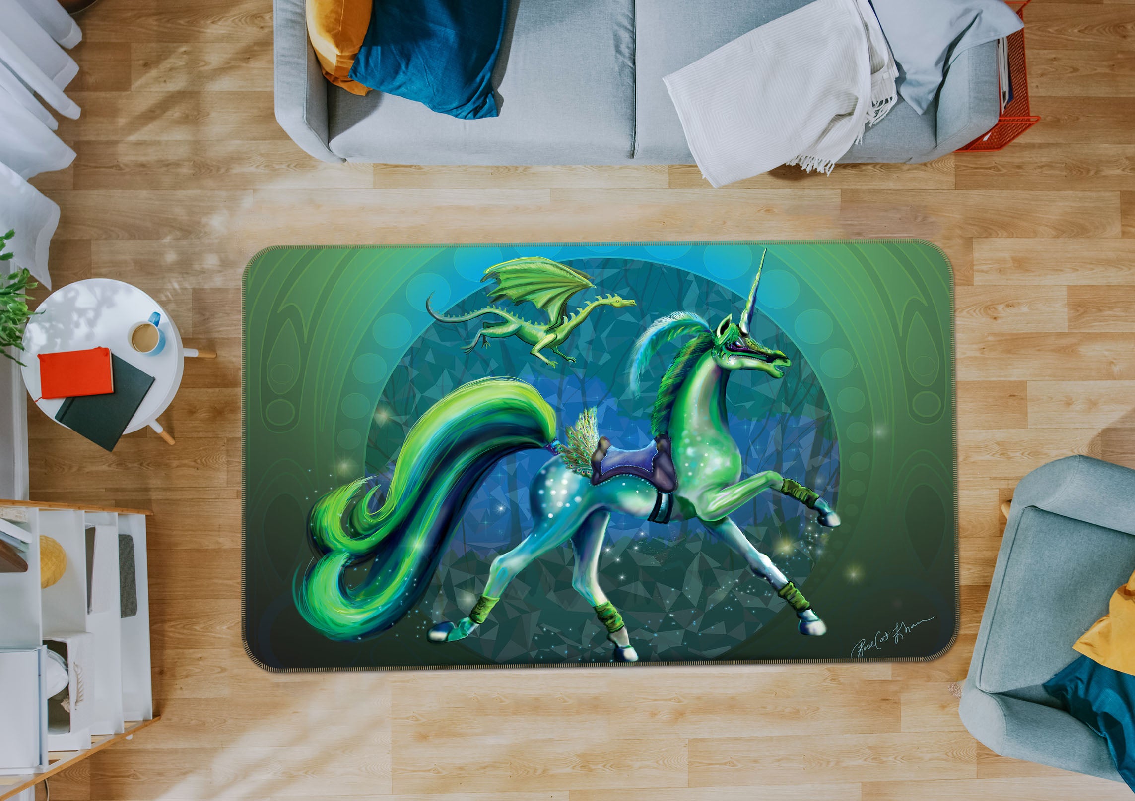 3D Green Unicorn 3020 Rose Catherine Khan Rug Non Slip Rug Mat