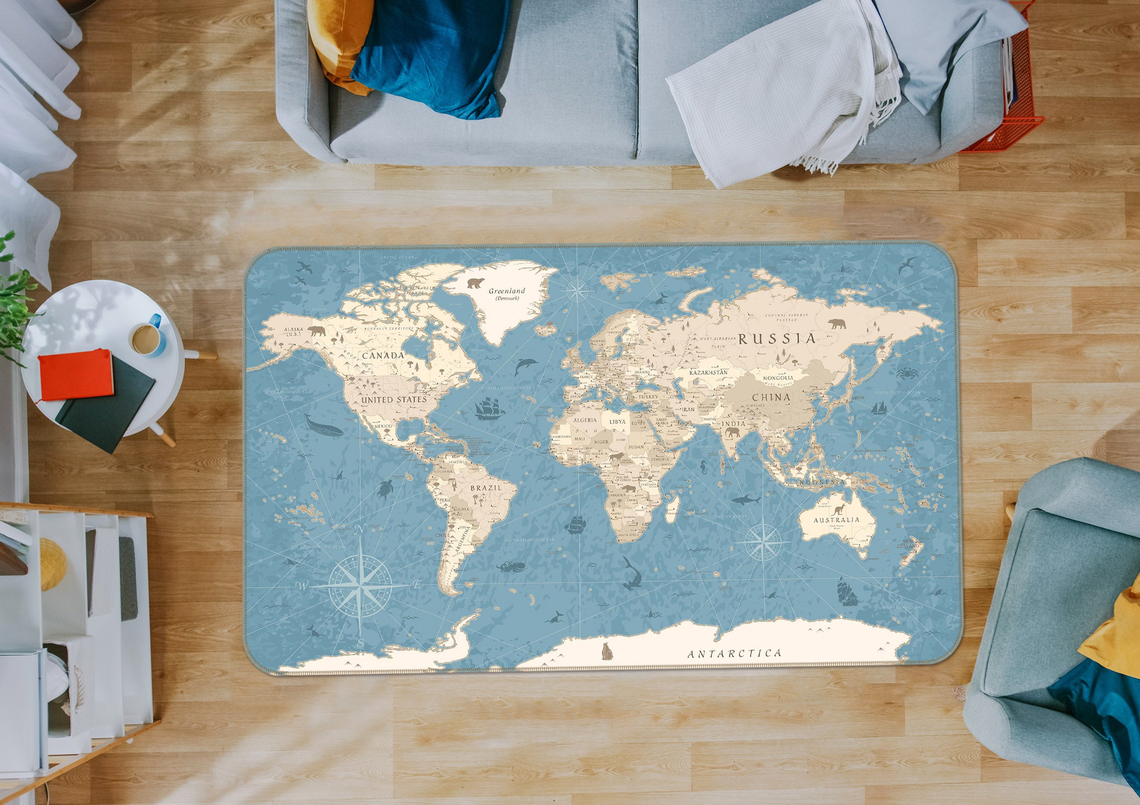 3D White Clouds 316 World Map Non Slip Rug Mat