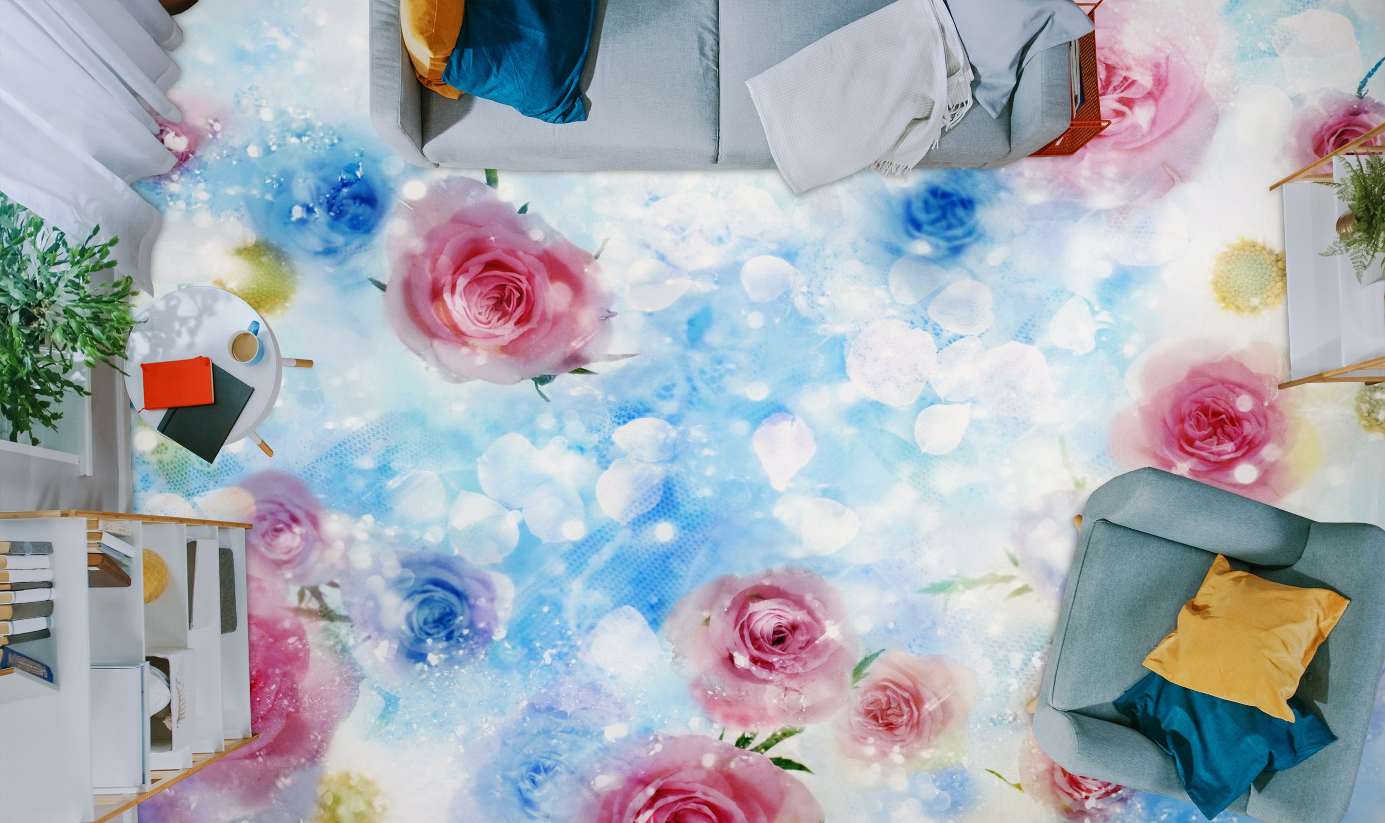 3D Pink And Blue Roses 1361 Floor Mural Wallpaper Murals Self-Adhesive Removable Print Epoxy