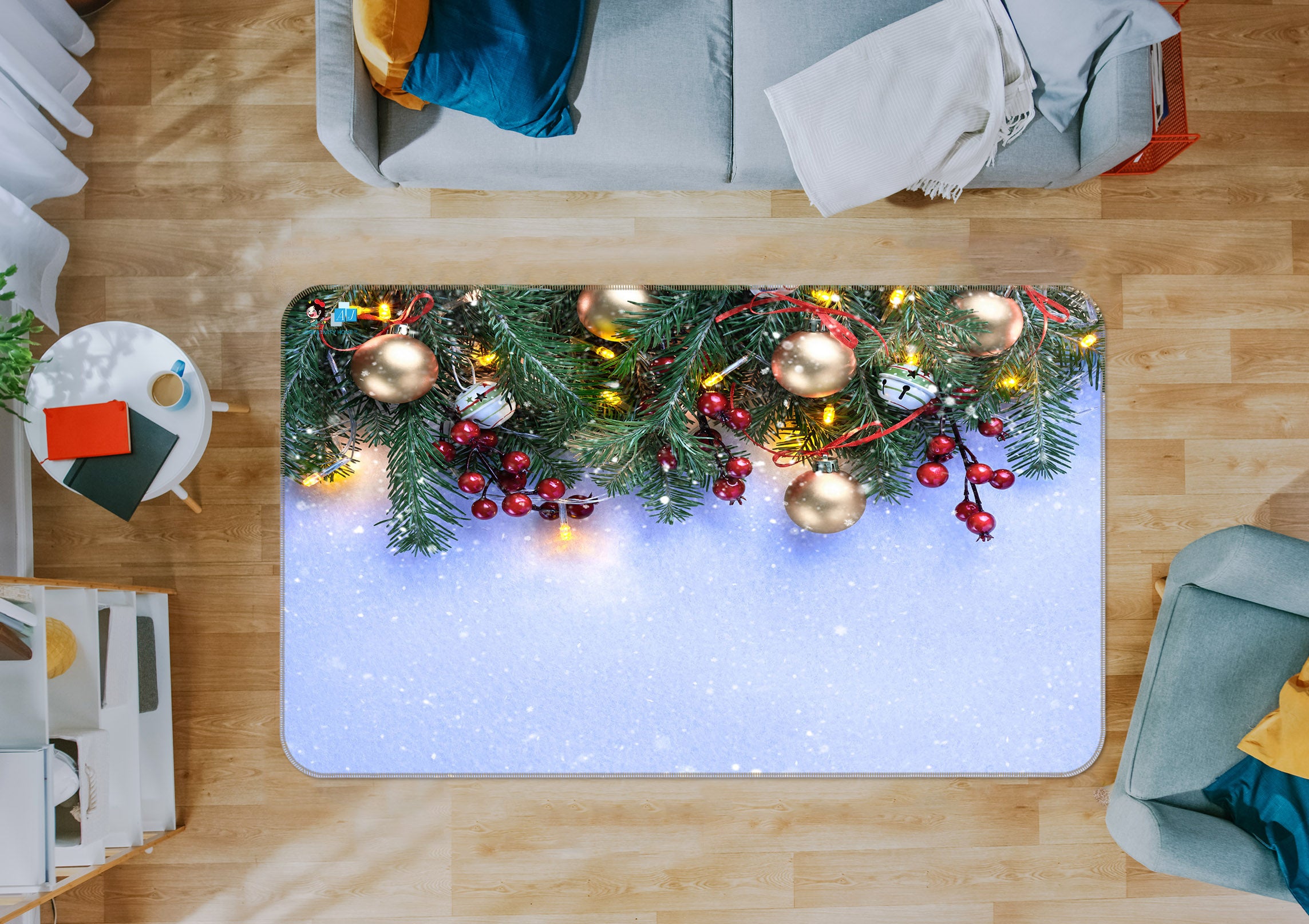 3D Branches Golden Ball 56239 Christmas Non Slip Rug Mat Xmas