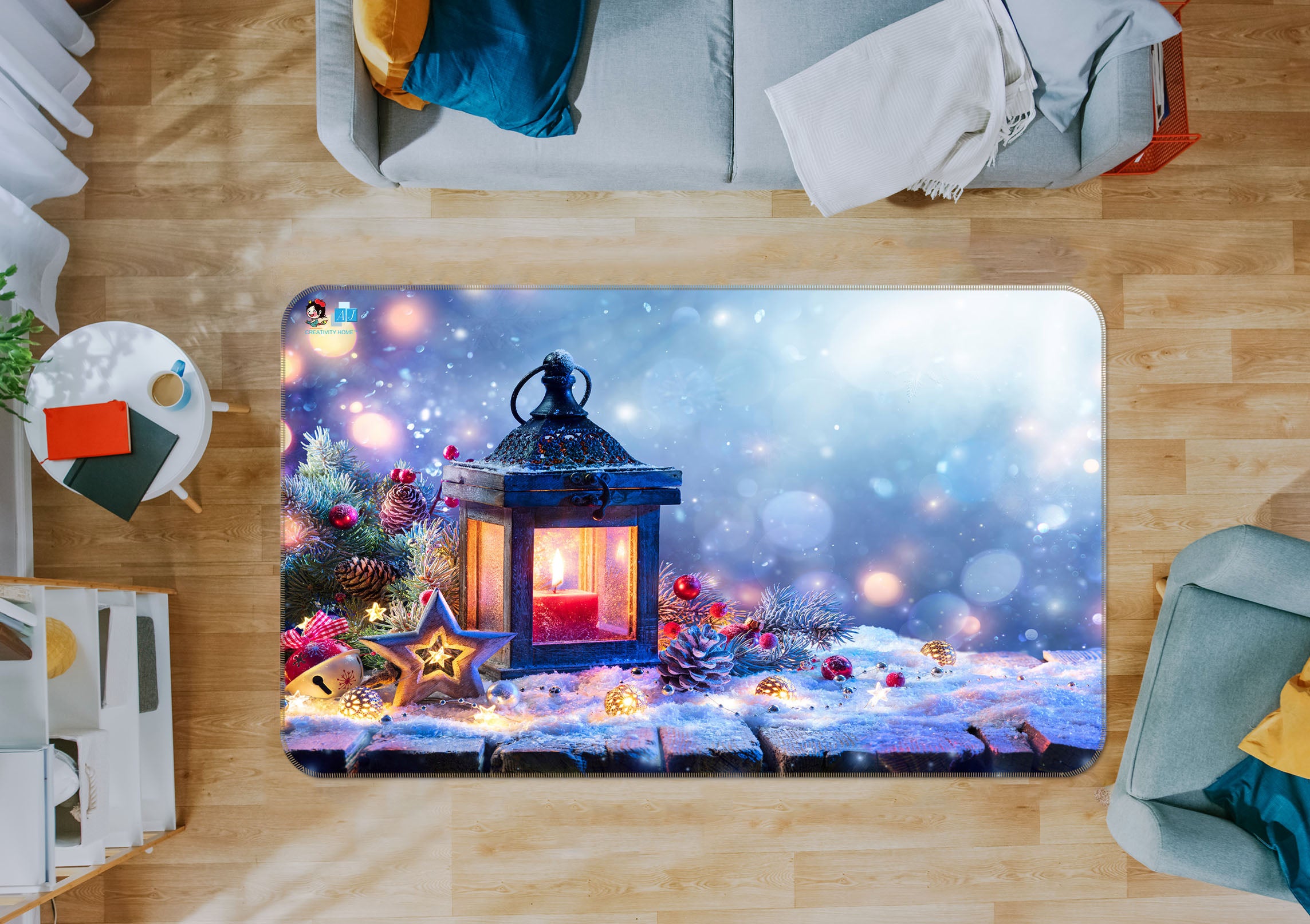 3D Snow Light Circle Candle Light 57005 Christmas Non Slip Rug Mat Xmas
