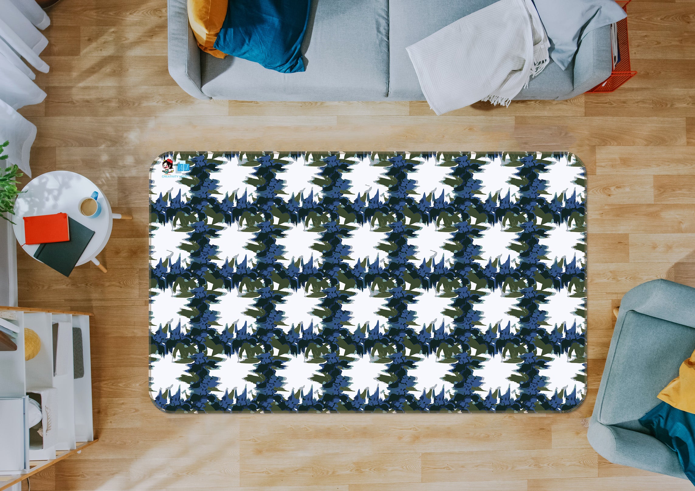 3D Blue Flower Plaid Pattern 107100 Kashmira Jayaprakash Rug Non Slip Rug Mat