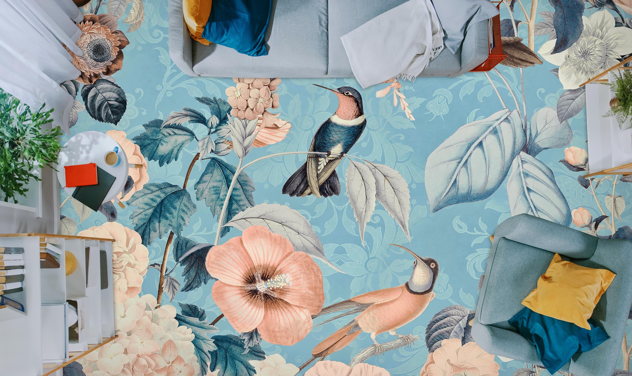 3D Flower Bird Blue 104152 Andrea Haase Floor Mural Wallpaper Murals Self-Adhesive Removable Print Epoxy
