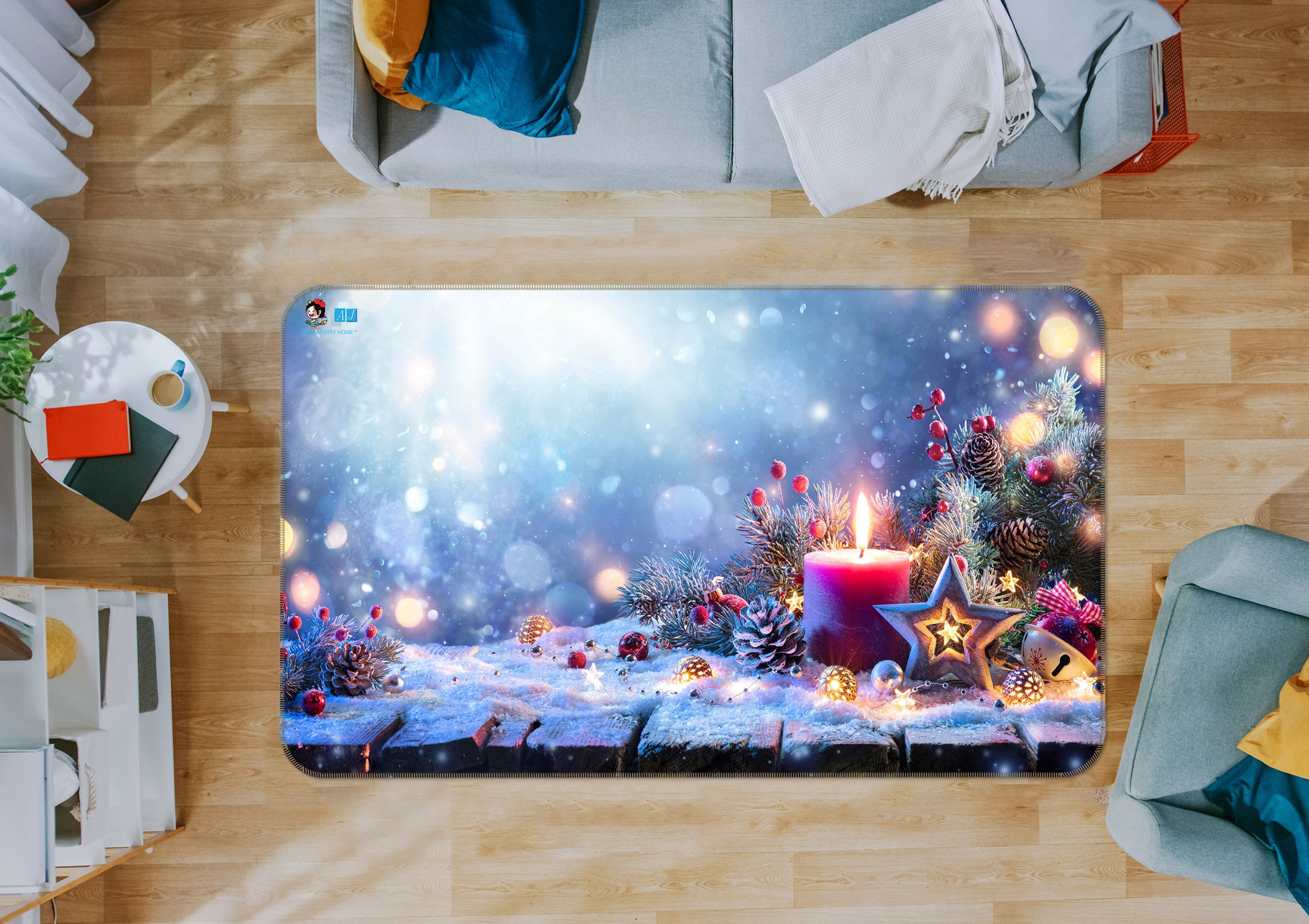 3D Snow Red Candle 57004 Christmas Non Slip Rug Mat Xmas