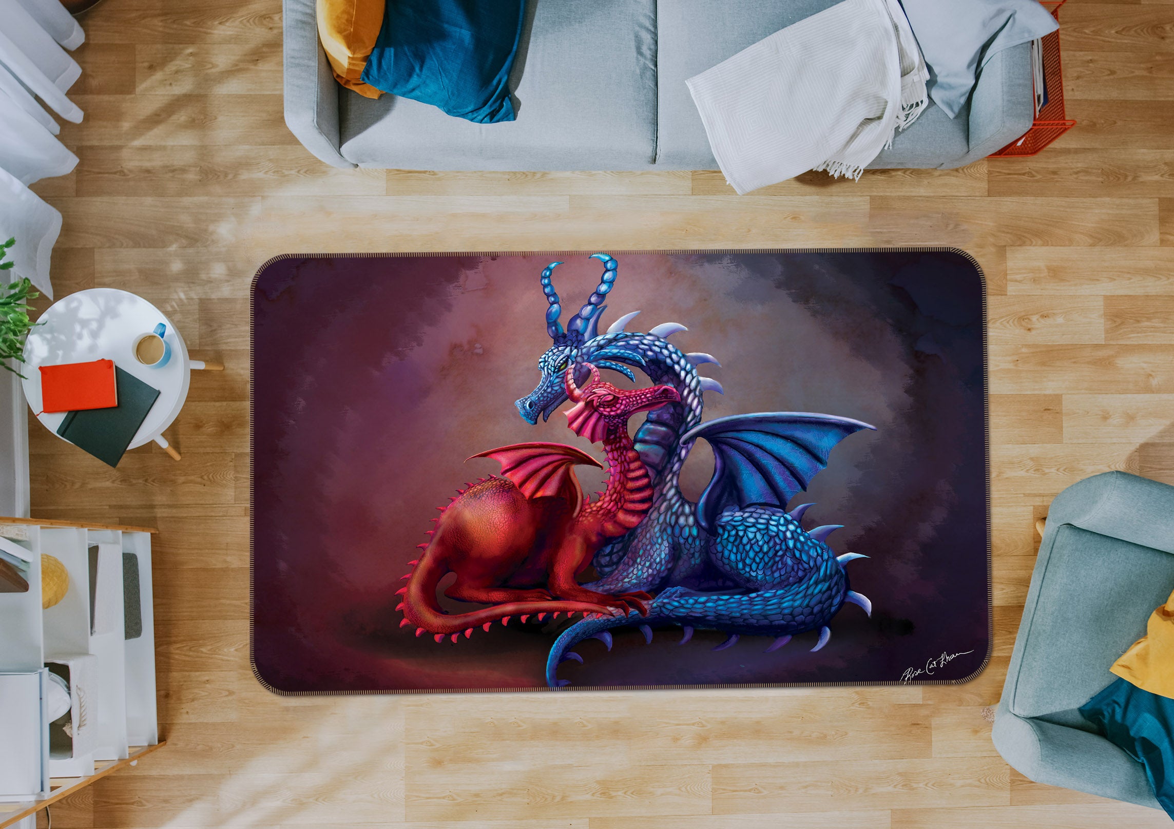 3D Two Snakes 3004 Rose Catherine Khan Rug Non Slip Rug Mat