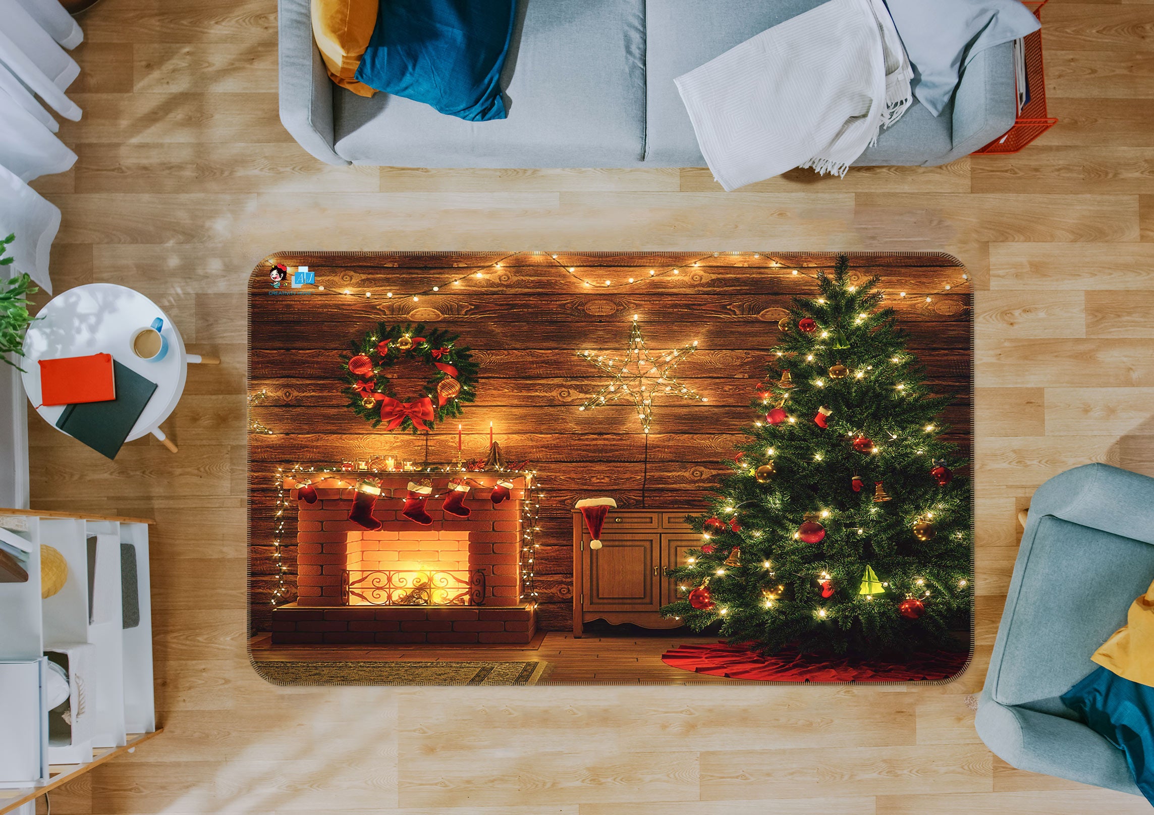 3D Fireplace Tree 56168 Christmas Non Slip Rug Mat Xmas