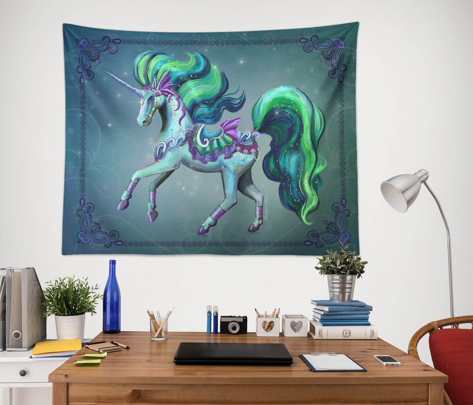 3D Green Unicorn 960 Rose Catherine Khan Tapestry Hanging Cloth Hang