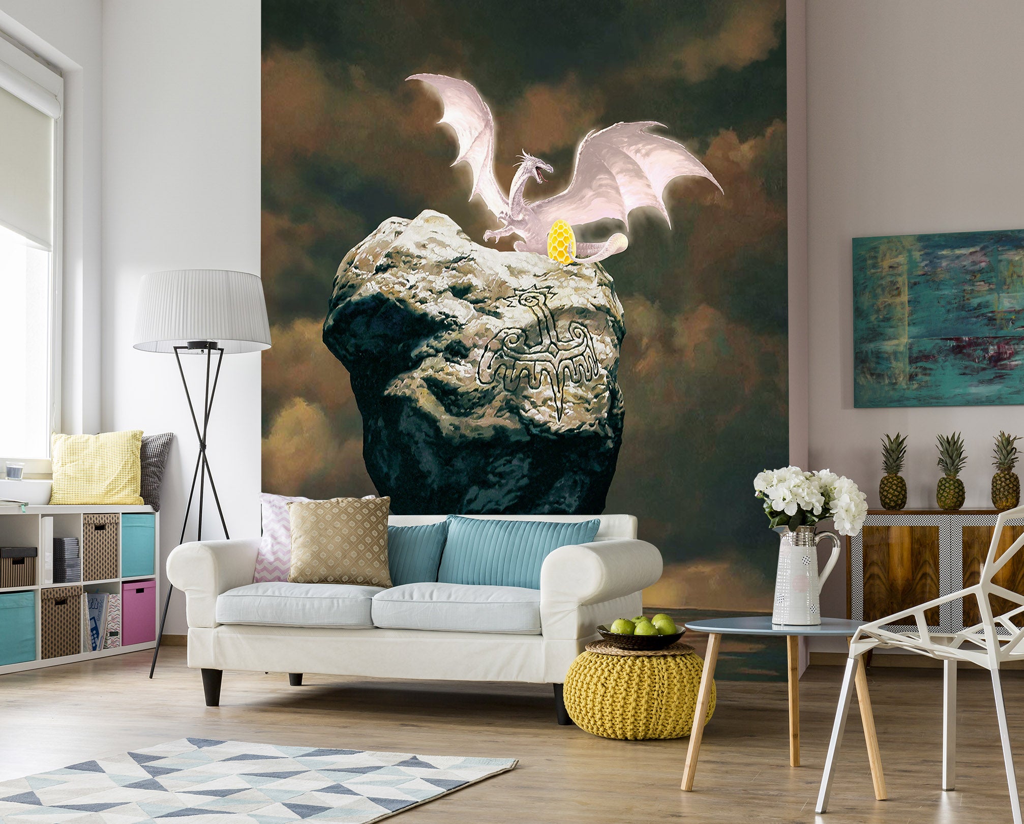 3D Stone White Dragon Golden Egg 7121 Ciruelo Wall Mural Wall Murals