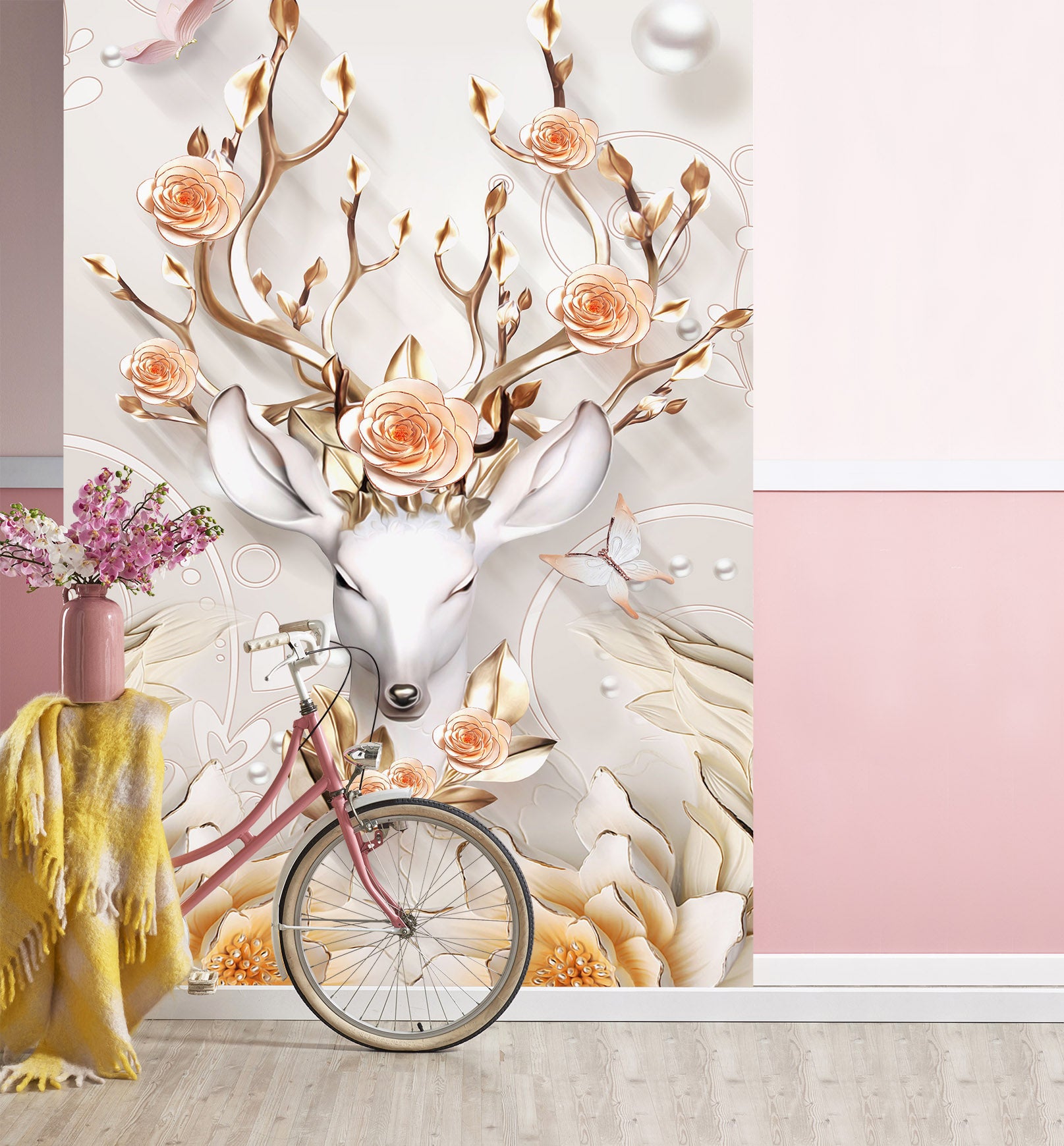 3D Fawn Flowers 1844 Wall Murals