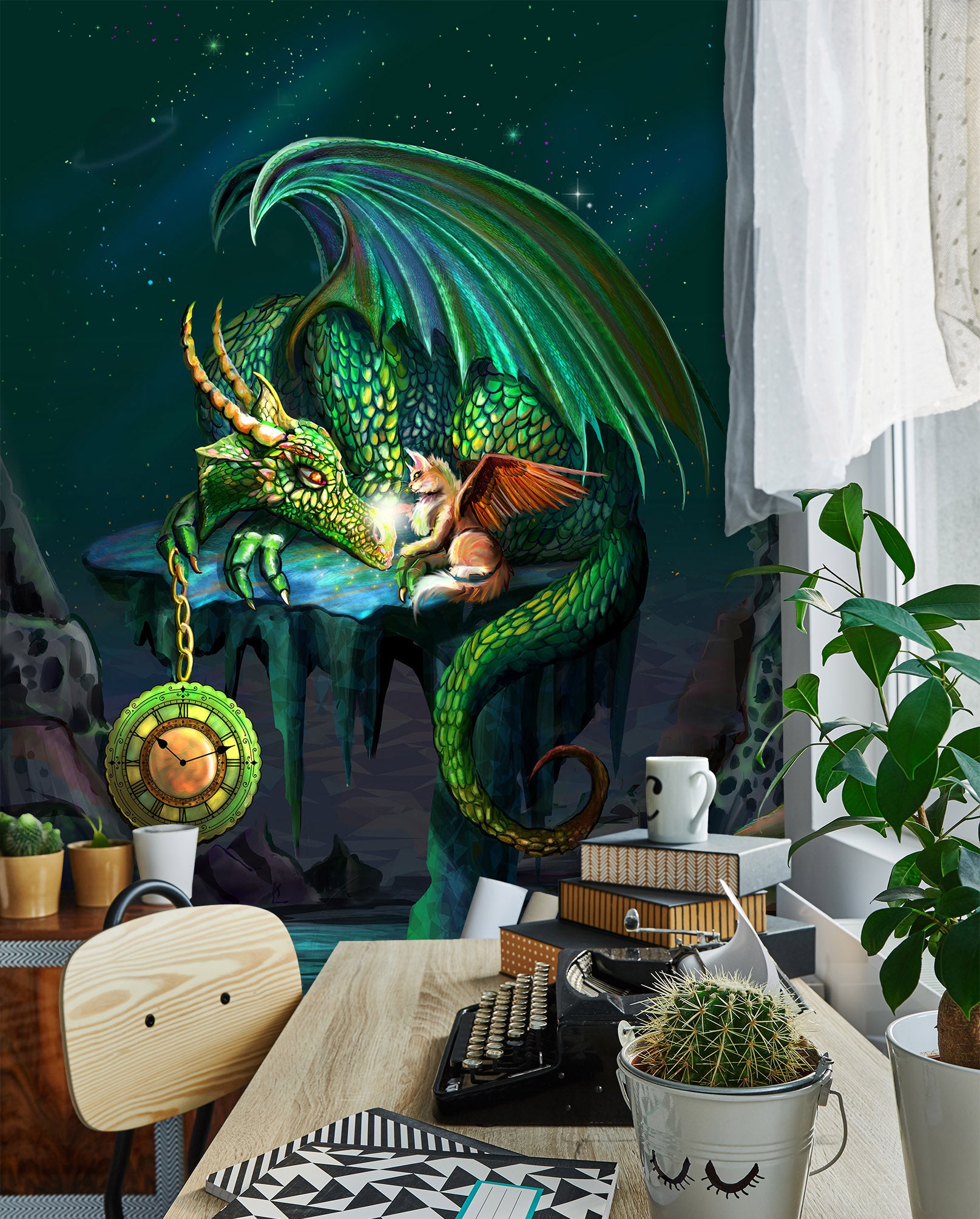 3D Green Dragon 1422 Rose Catherine Khan Wall Mural Wall Murals