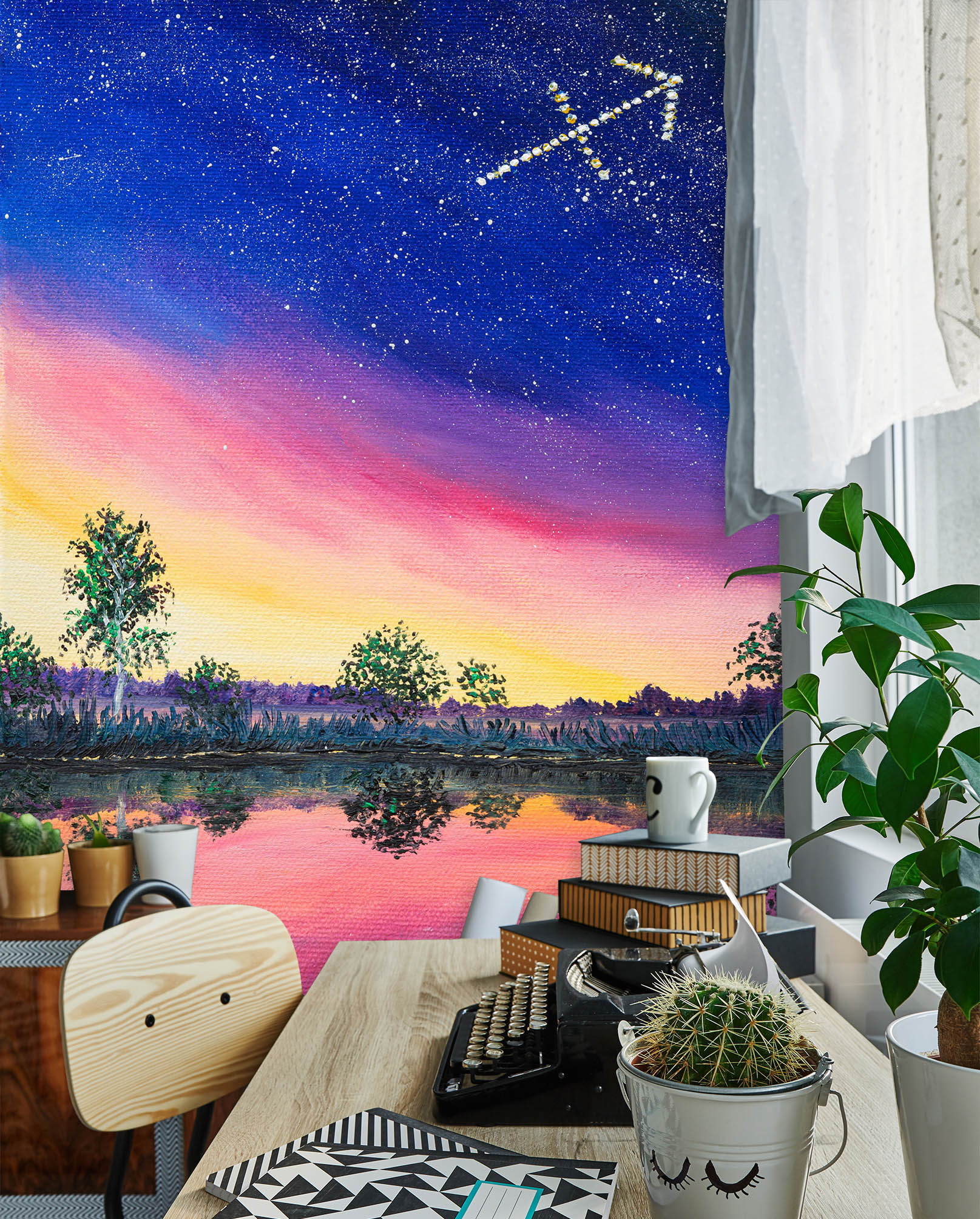 3D Starry Sky Lake Tree 1868 Marina Zotova Wall Mural Wall Murals