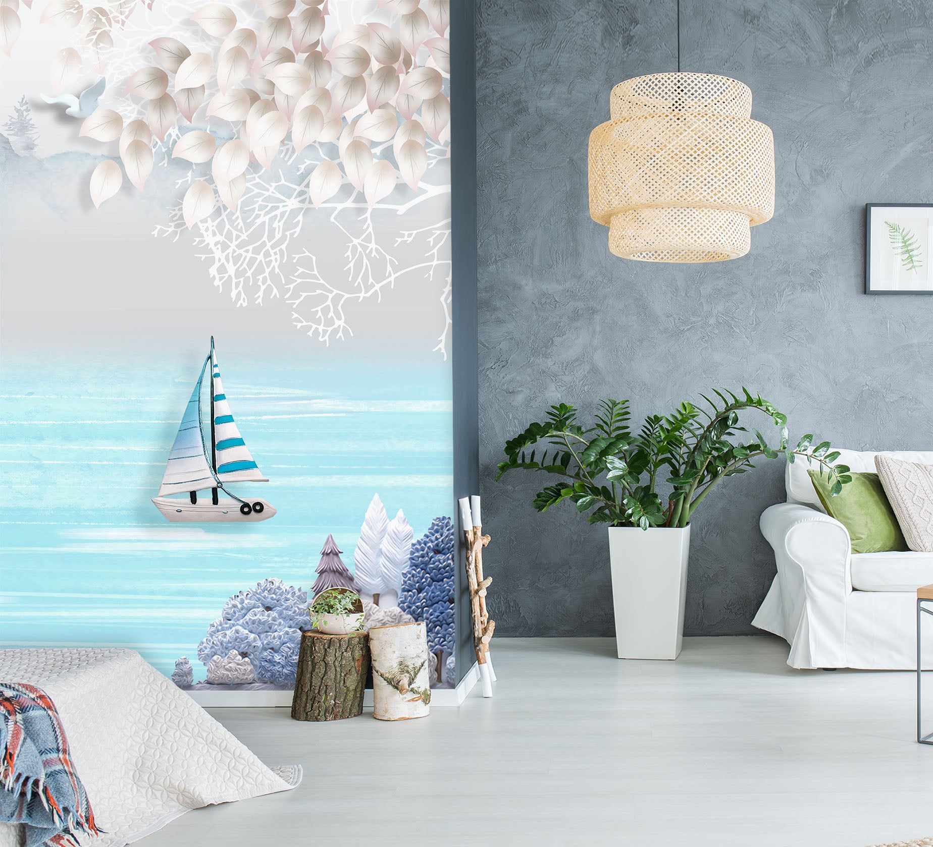3D Blue Sea Sailing Boat 1826 Wall Murals