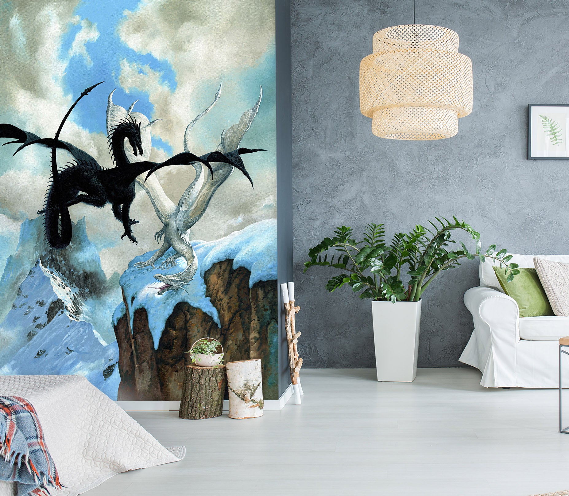 3D Snow Mountain Black White Dragon 7133 Ciruelo Wall Mural Wall Murals