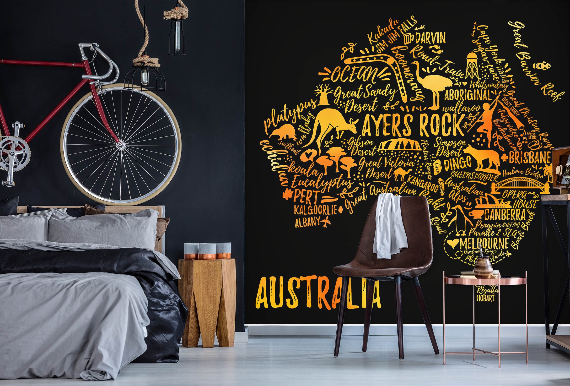 3D Golden Kangaroo 2064 World Map Wall Murals