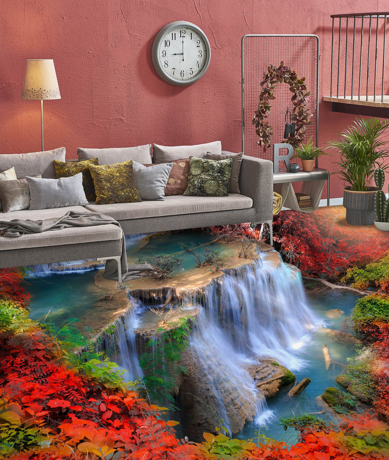 3D Red Leaves And Waterfall 537 Floor Mural Wallpaper Murals Rug & Mat Print Epoxy waterproof bath floor