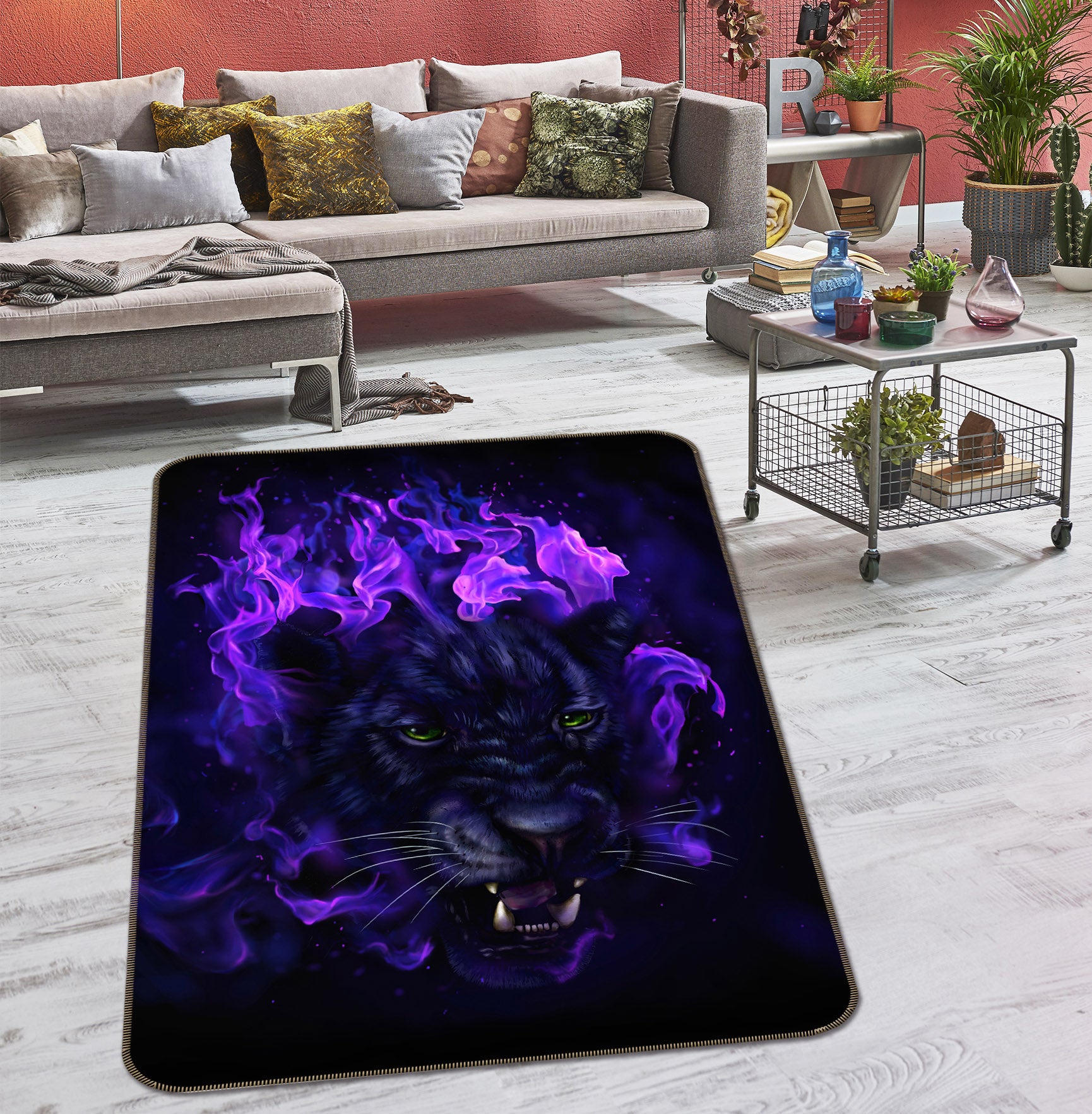 3D Purple Flame Tiger 200 Animal Non Slip Rug Mat