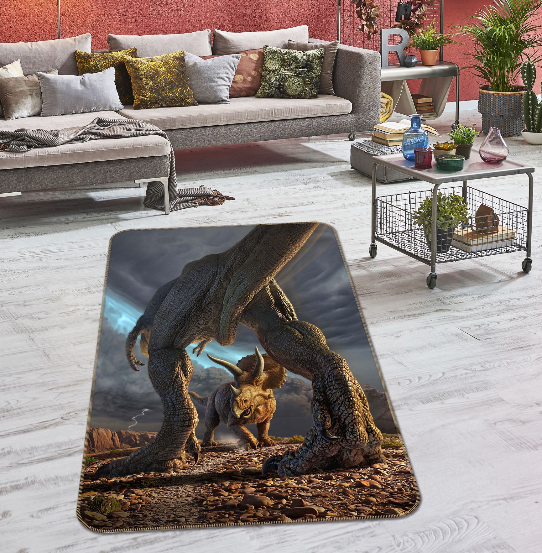 3D Dinosaur Fight 1071 Jerry LoFaro Rug Non Slip Rug Mat