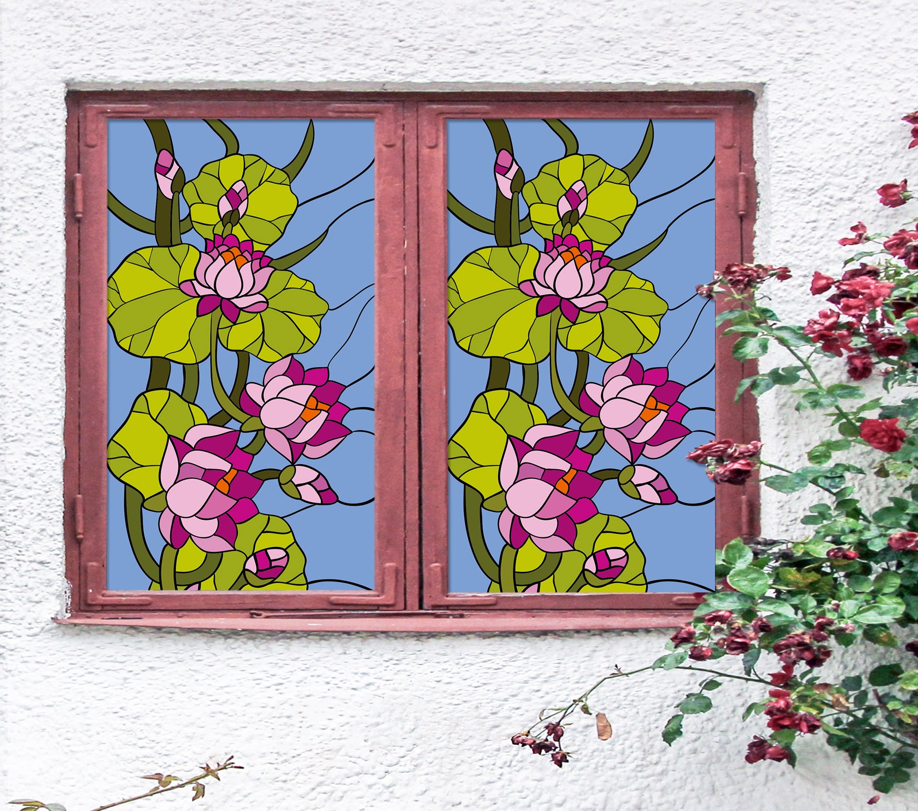 3D Red Lotus 187 Window Film Print Sticker Cling Stained Glass UV Block