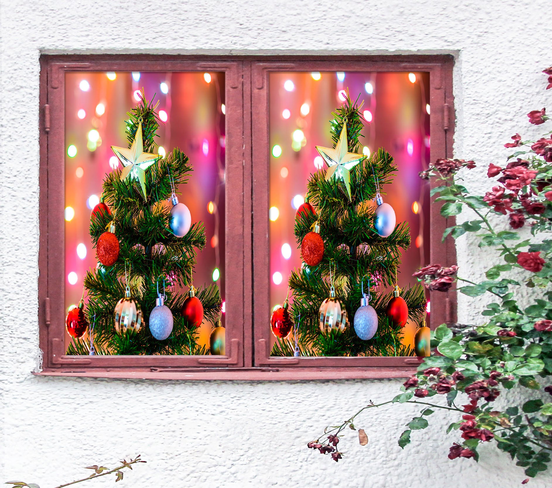 3D Tree Colored Balls 31082 Christmas Window Film Print Sticker Cling Stained Glass Xmas