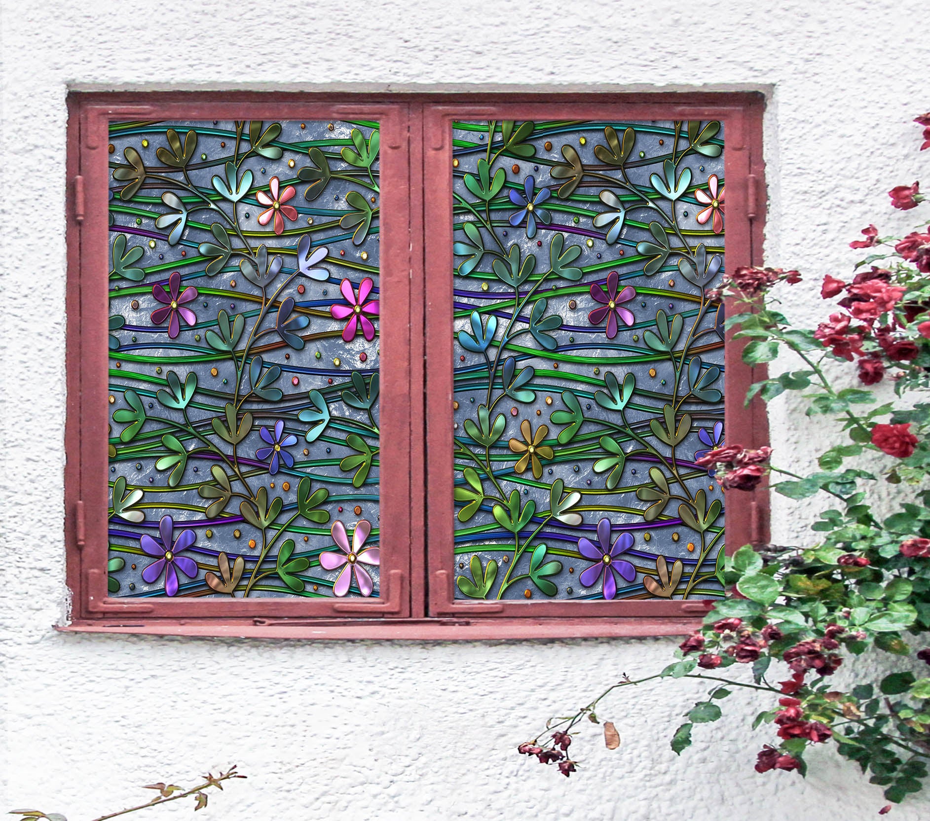 3D Colored Flower 446 Window Film Print Sticker Cling Stained Glass UV Block