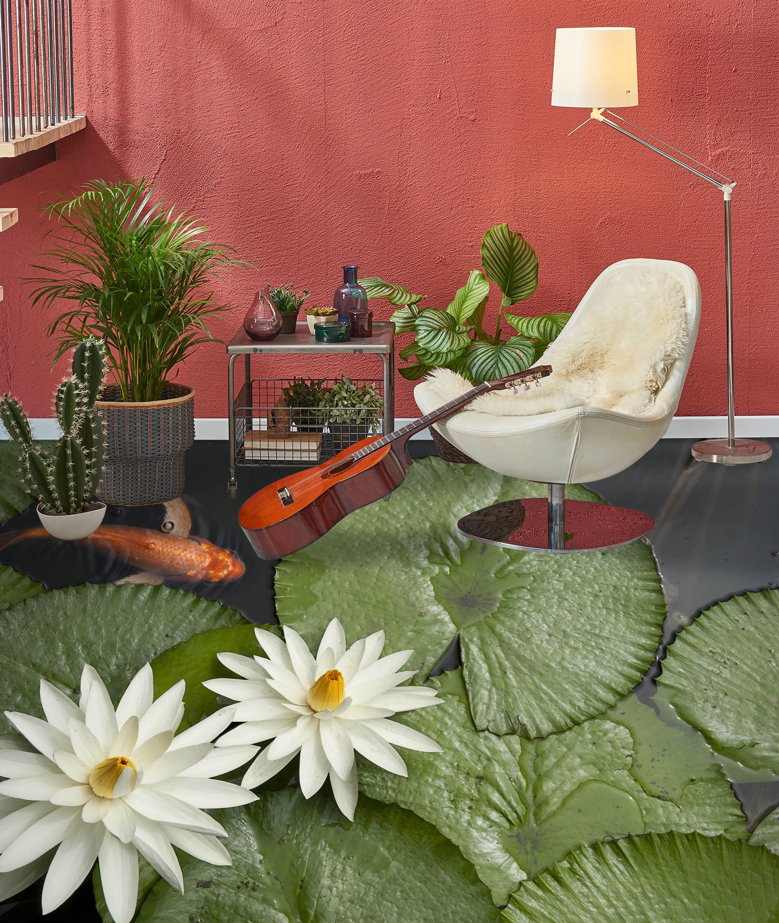 3D Two White Lotus 026 Floor Mural Wallpaper Murals Rug & Mat Print Epoxy waterproof bath floor