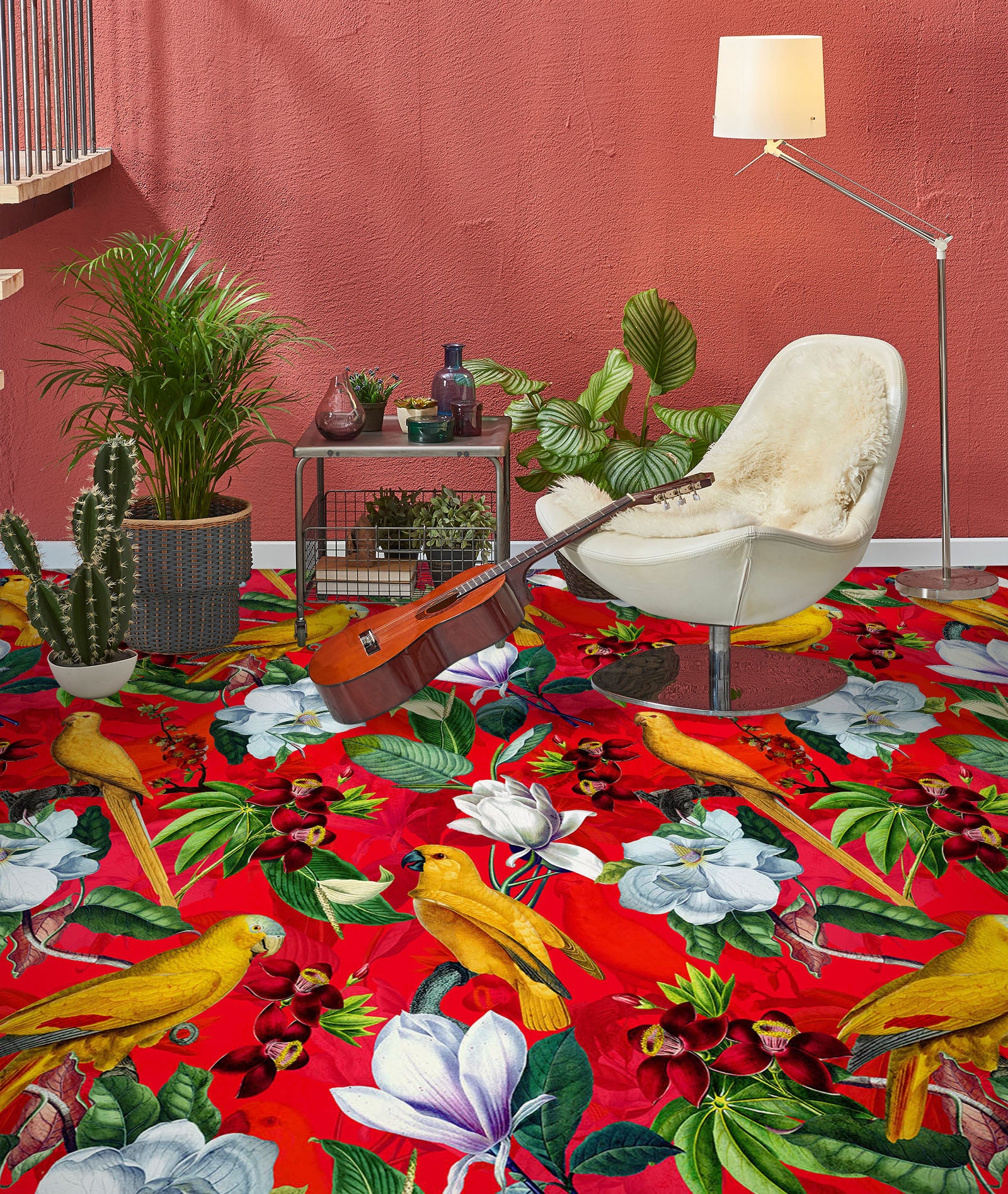 3D Yellow Bird Red Pattern Flowers 99222 Uta Naumann Floor Mural Wallpaper Murals Self-Adhesive Removable Print Epoxy