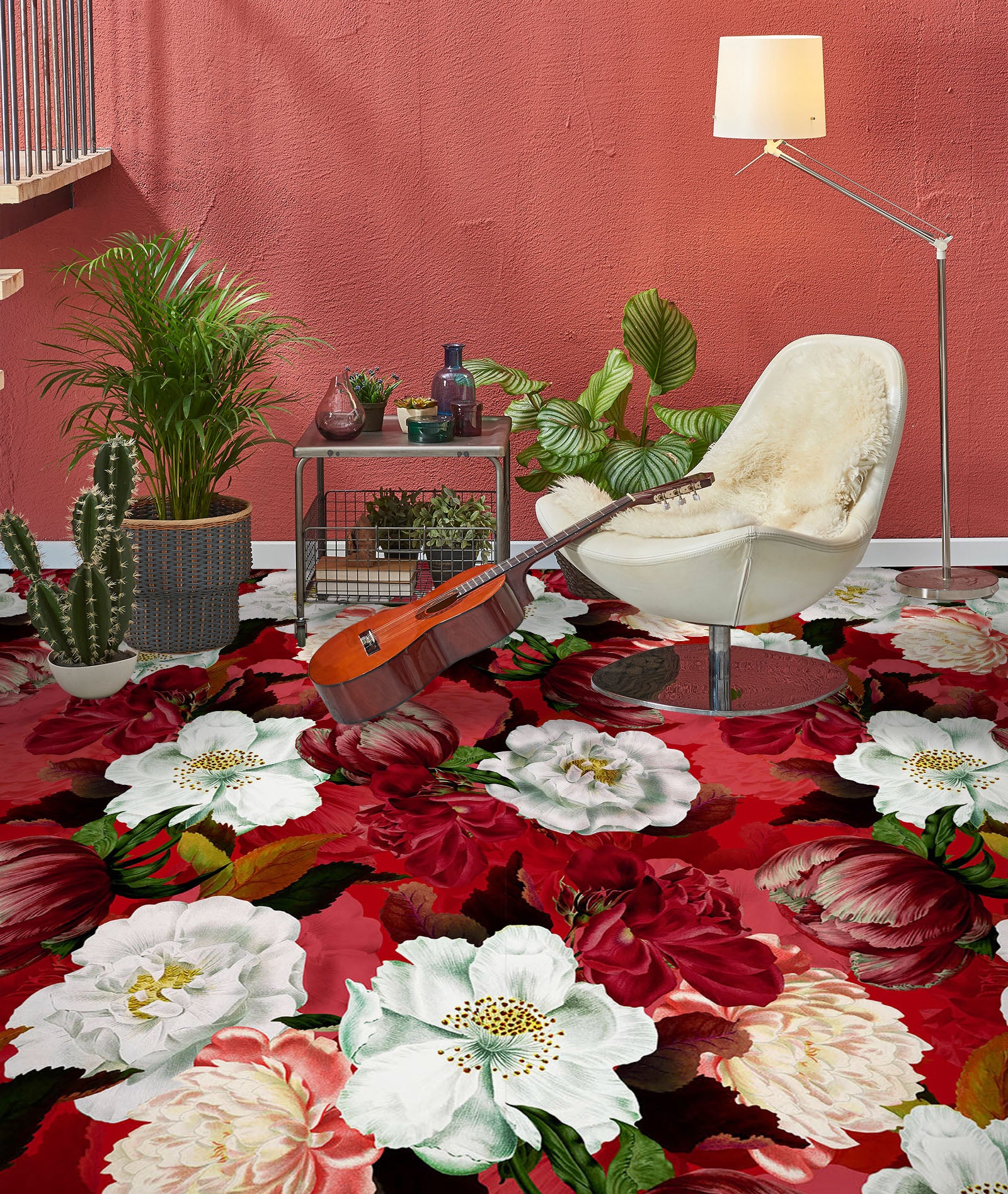 3D Red White Flowers Pattern 10009 Uta Naumann Floor Mural Wallpaper Murals Self-Adhesive Removable Print Epoxy