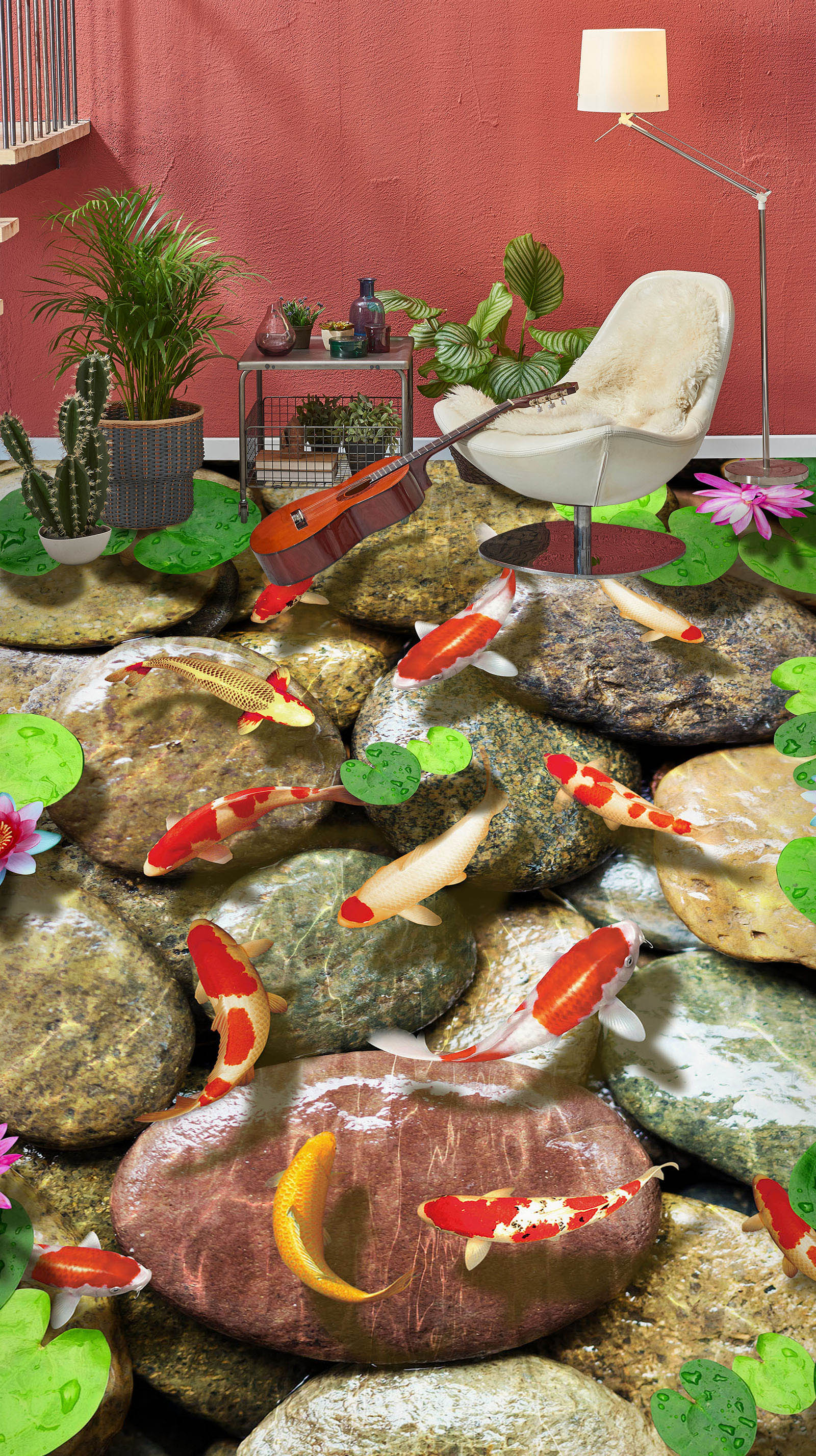 3D Koi And Pink Water Lilies 282 Floor Mural Wallpaper Murals Rug & Mat Print Epoxy waterproof bath floor