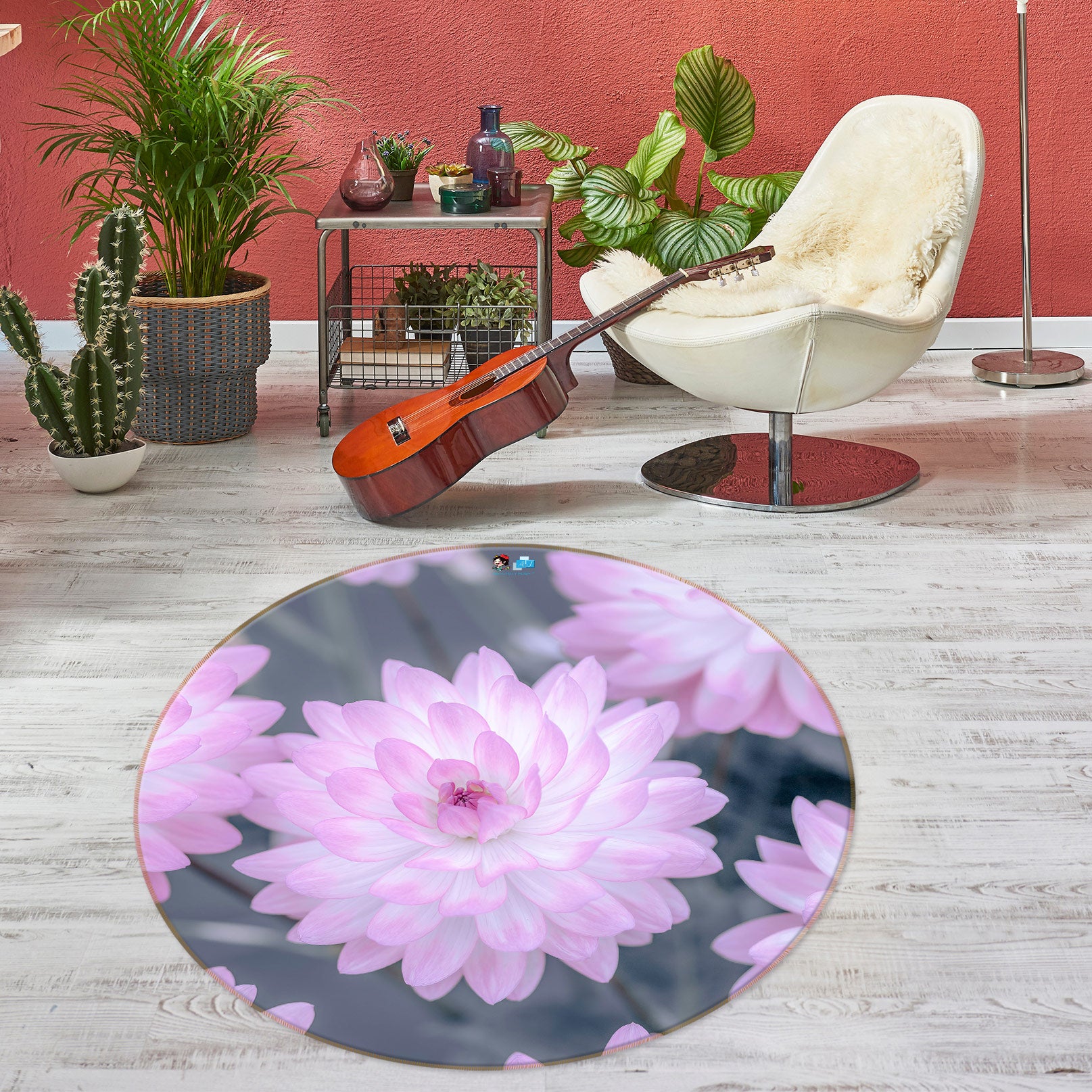 3D Pink Flower 7510 Assaf Frank Rug Round Non Slip Rug Mat