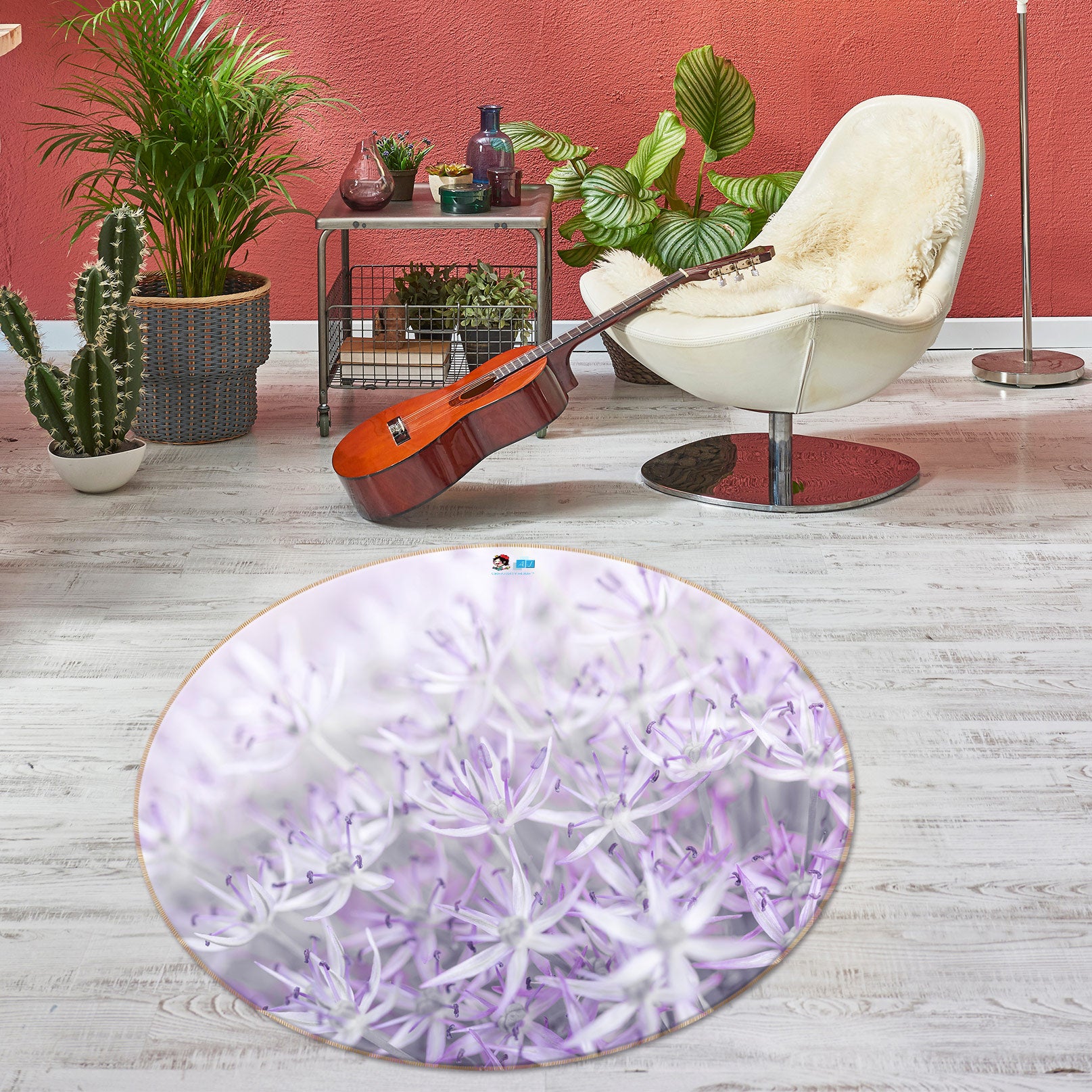 3D Purple Flower 7563 Assaf Frank Rug Round Non Slip Rug Mat