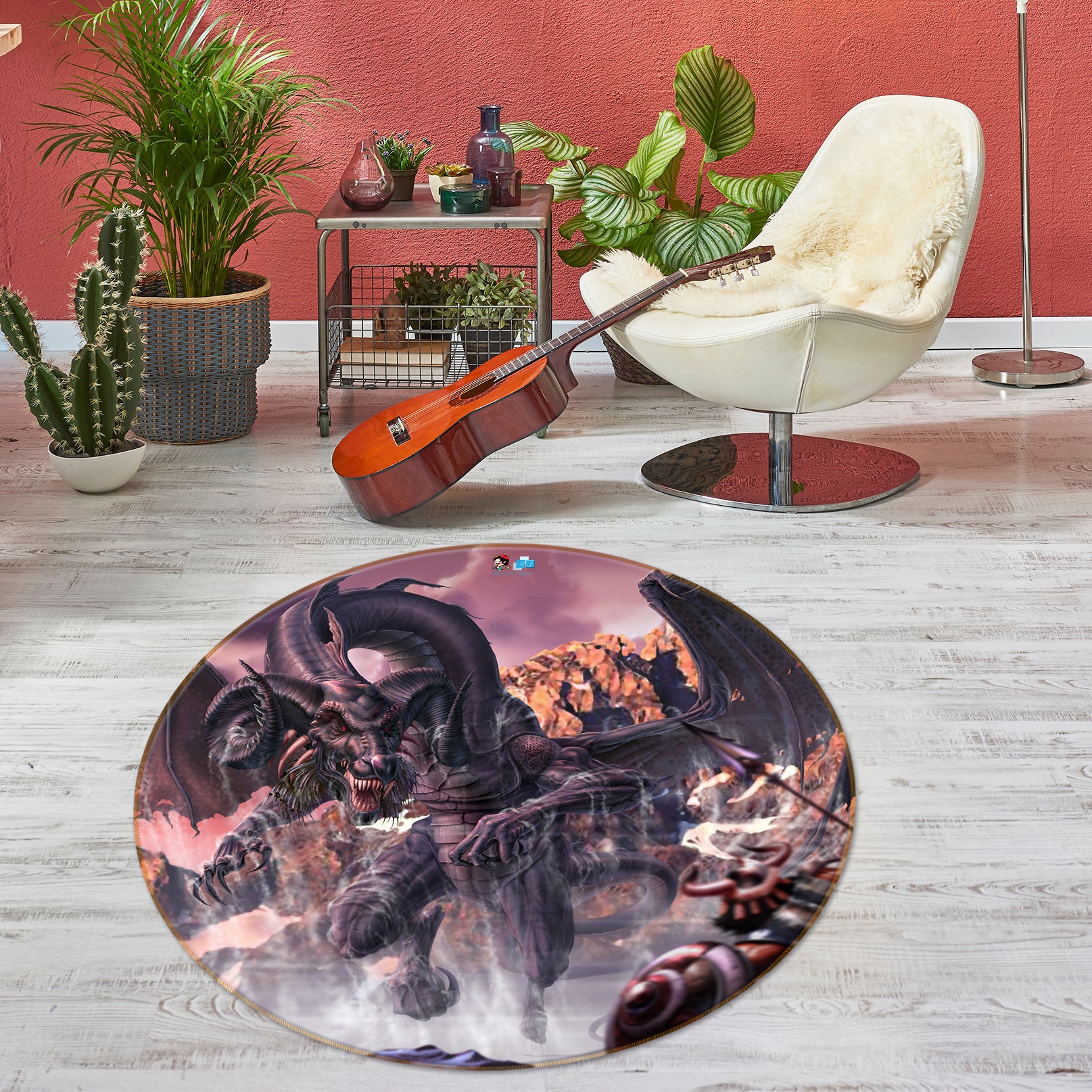 3D Dragon 4166 Tom Wood Rug Round Non Slip Rug Mat