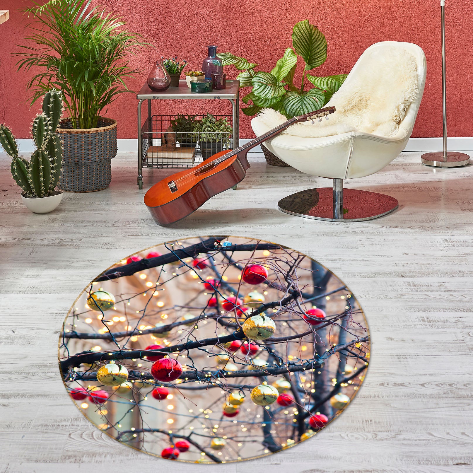 3D Dead Branches Ball 56037 Christmas Round Non Slip Rug Mat Xmas