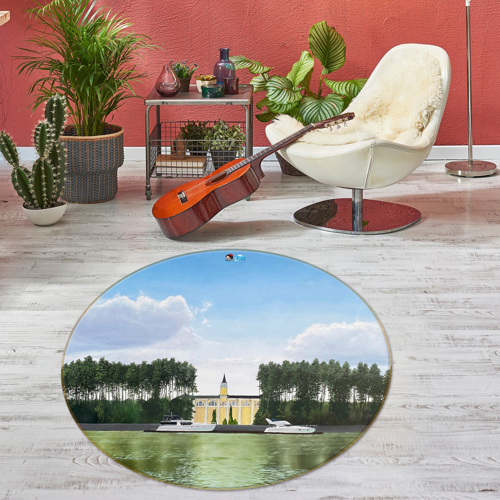 3D Lake Tree Building 9730 Marina Zotova Rug Round Non Slip Rug Mat
