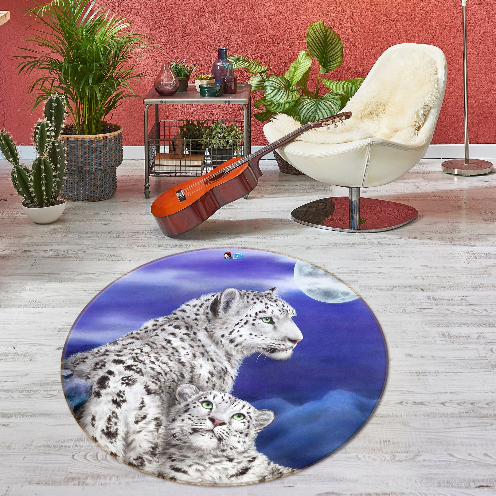 3D White Tiger Moon 6045 Kayomi Harai Rug Round Non Slip Rug Mat