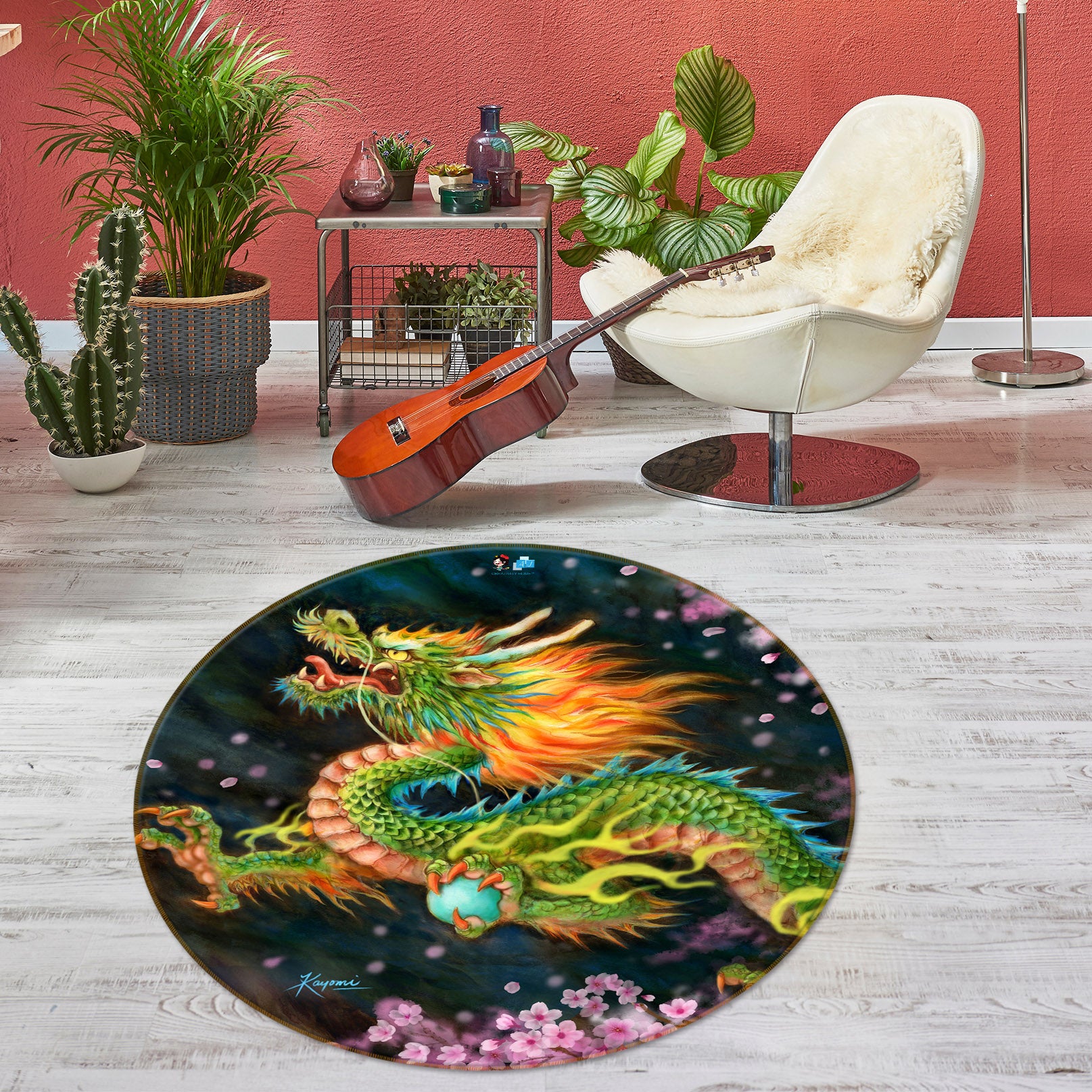 3D Peach Blossom Dragon 6025 Kayomi Harai Rug Round Non Slip Rug Mat