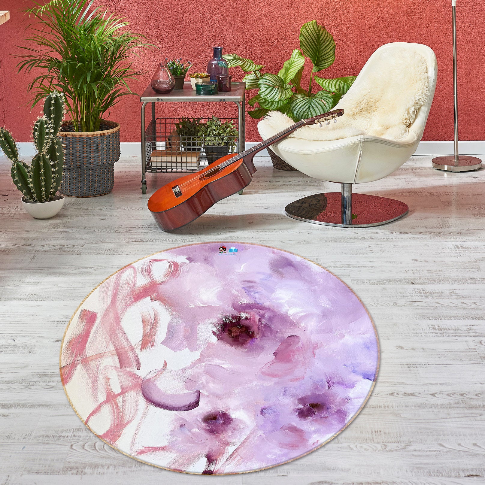 3D Purple Flower 7822 Skromova Marina Rug Round Non Slip Rug Mat