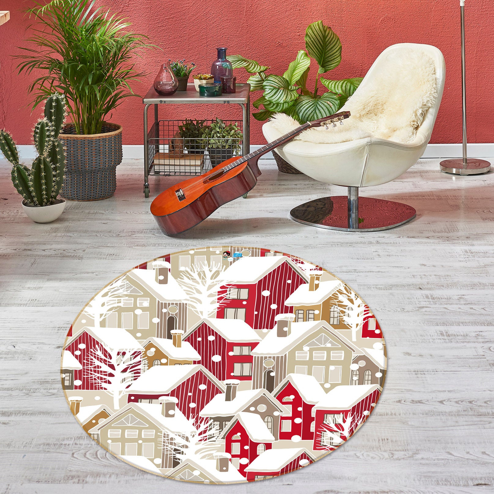 3D Red Snow House 56062 Christmas Round Non Slip Rug Mat Xmas